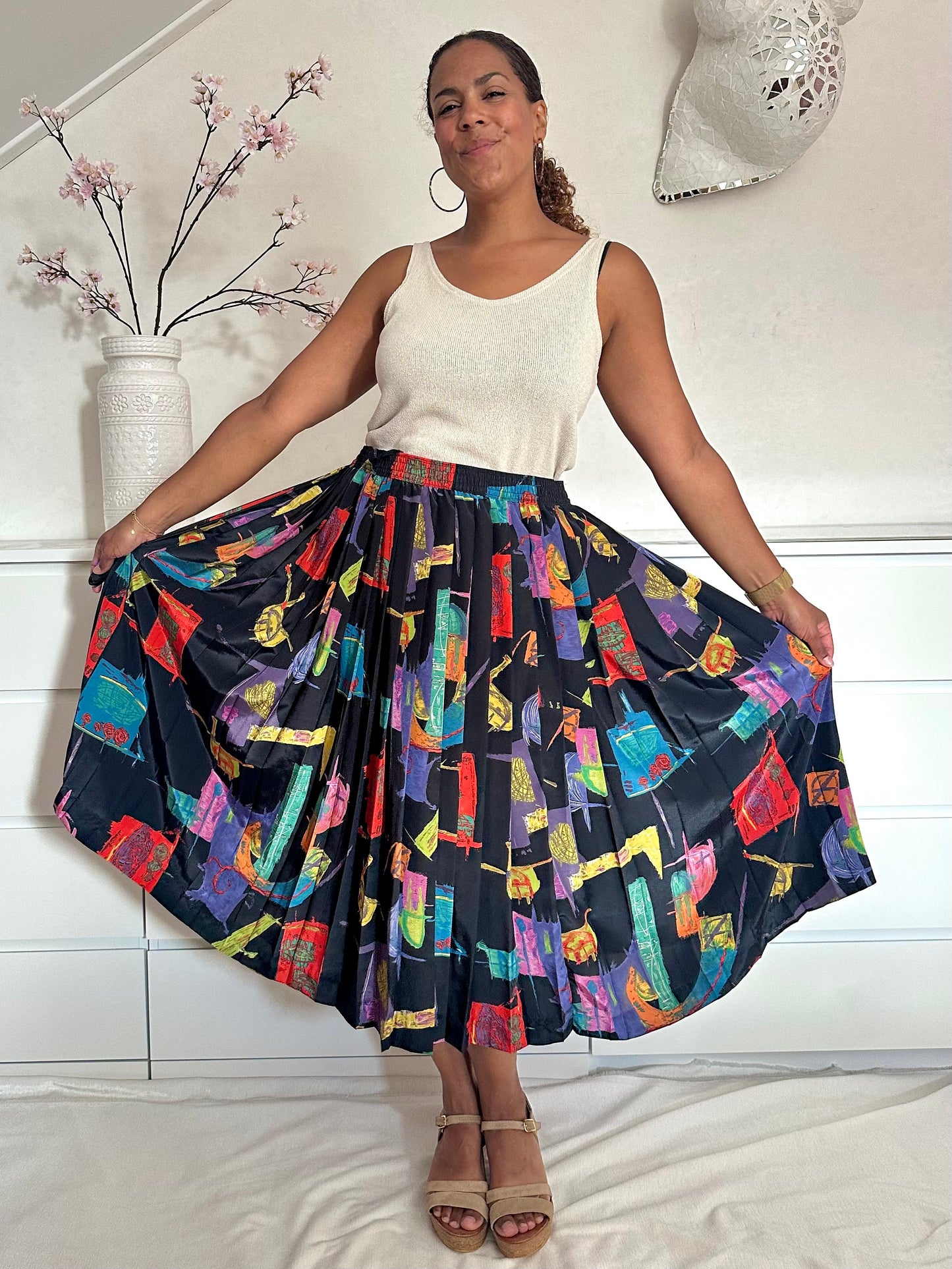Vintage plus size midi-rok met abstracte print - XL/XXL