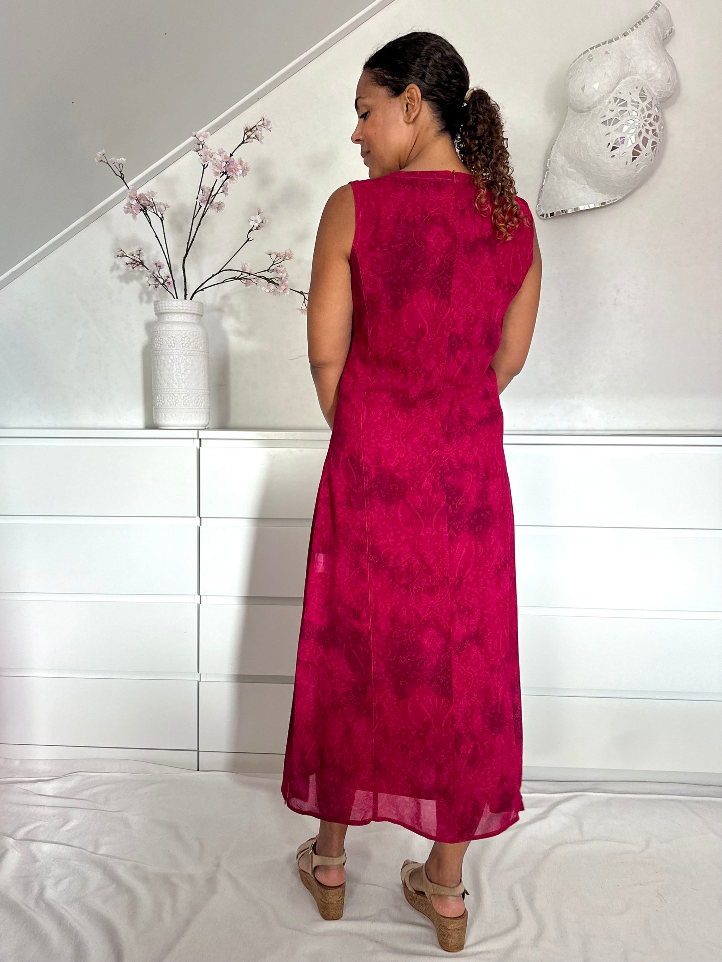 Vintage Bordeaux rode mesh maxi-jurk - L/XL