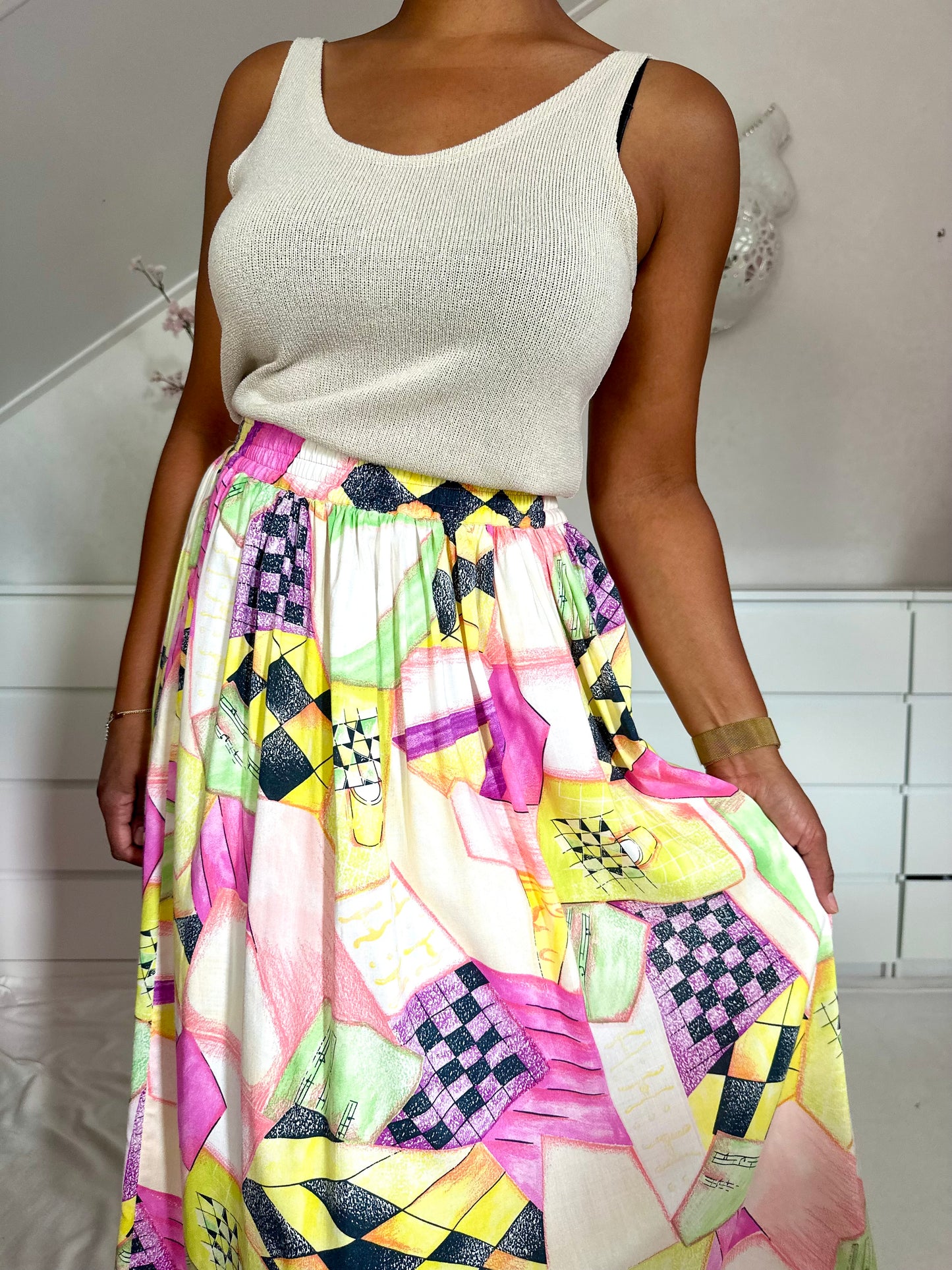 Vintage viscose rok in pasteltinten - M/L