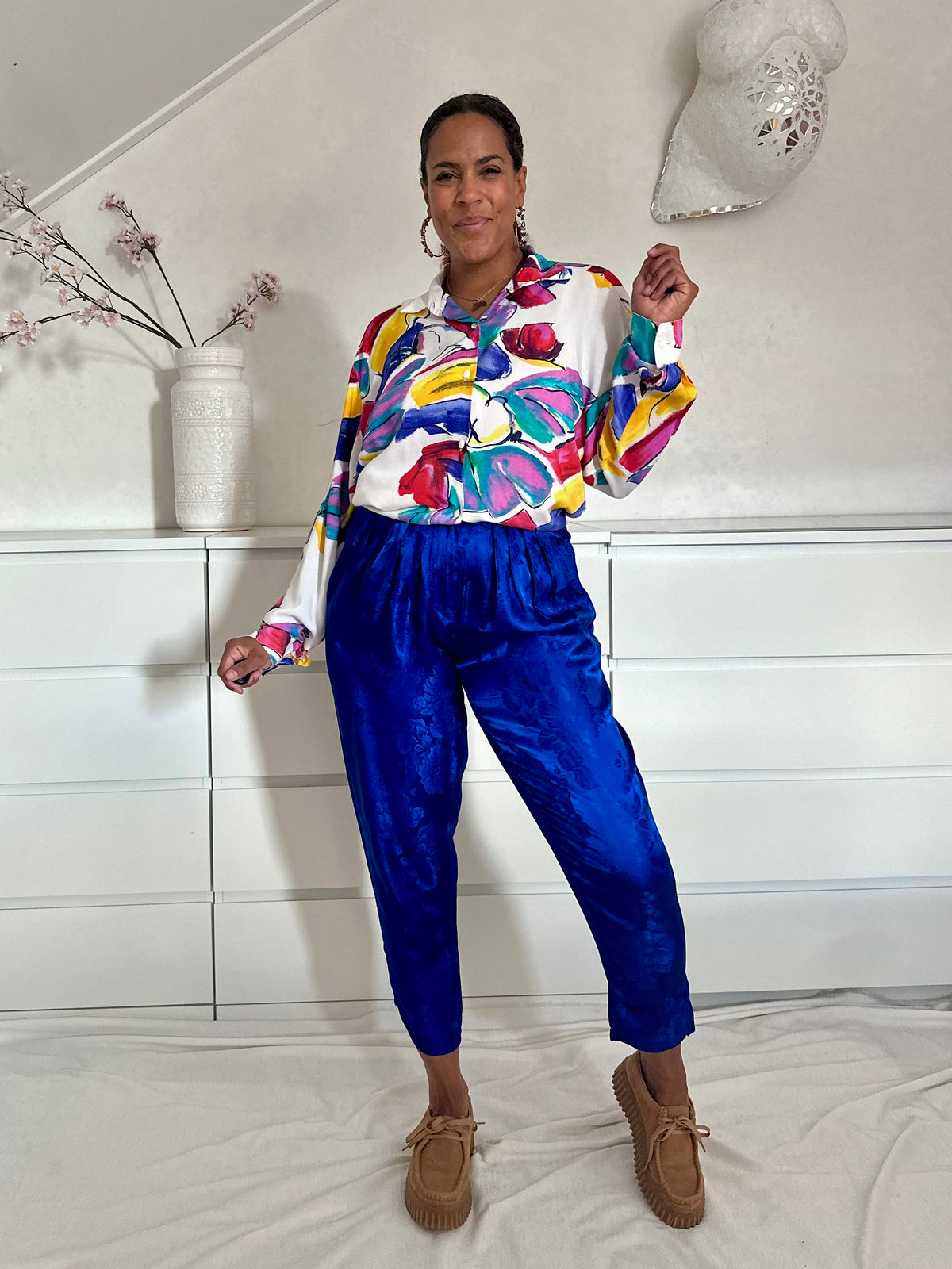 Vintage kobalt blauwe high waist broek met print - XS-S