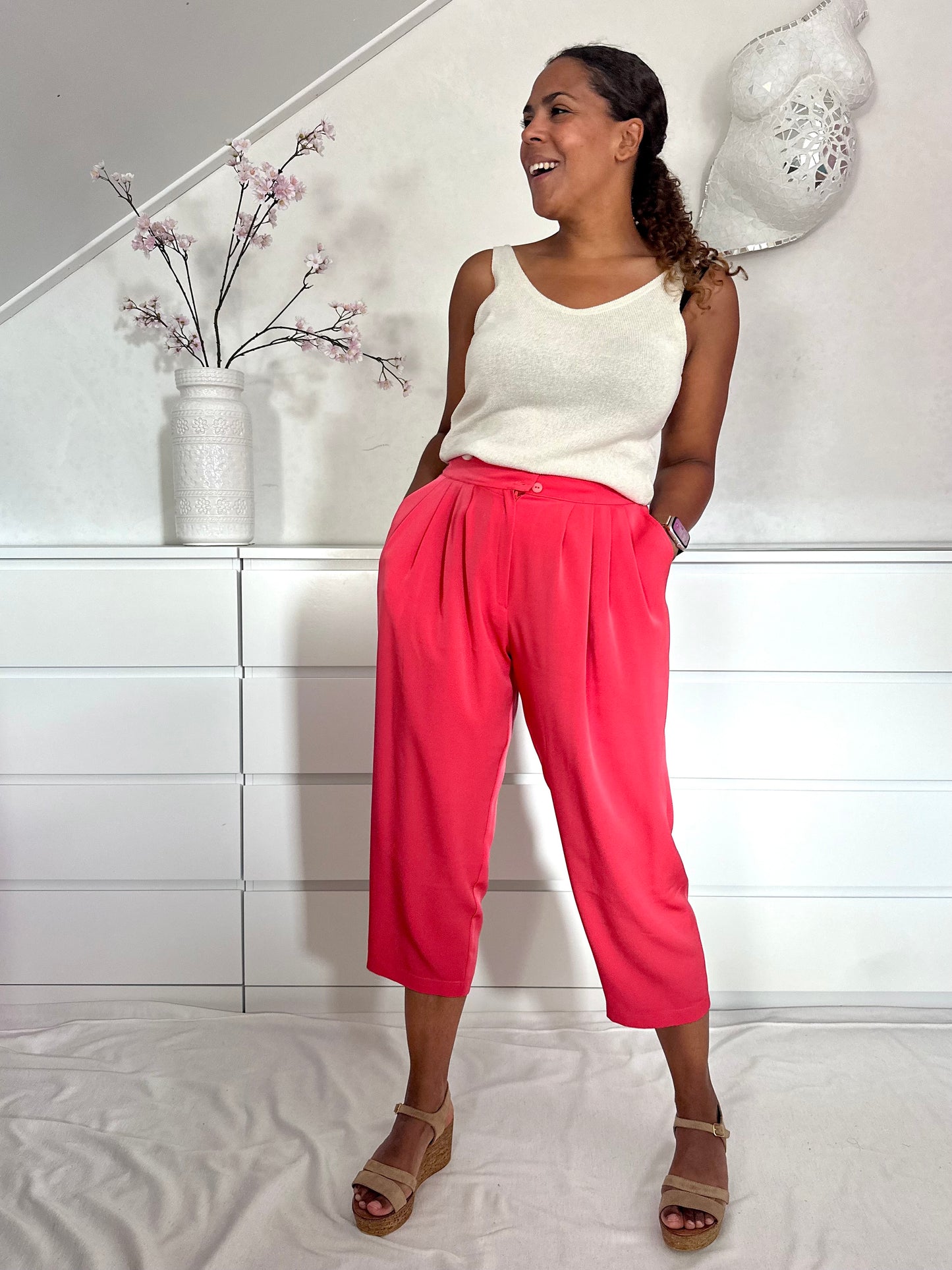 Vintage koraalrode zomer pantalon - L