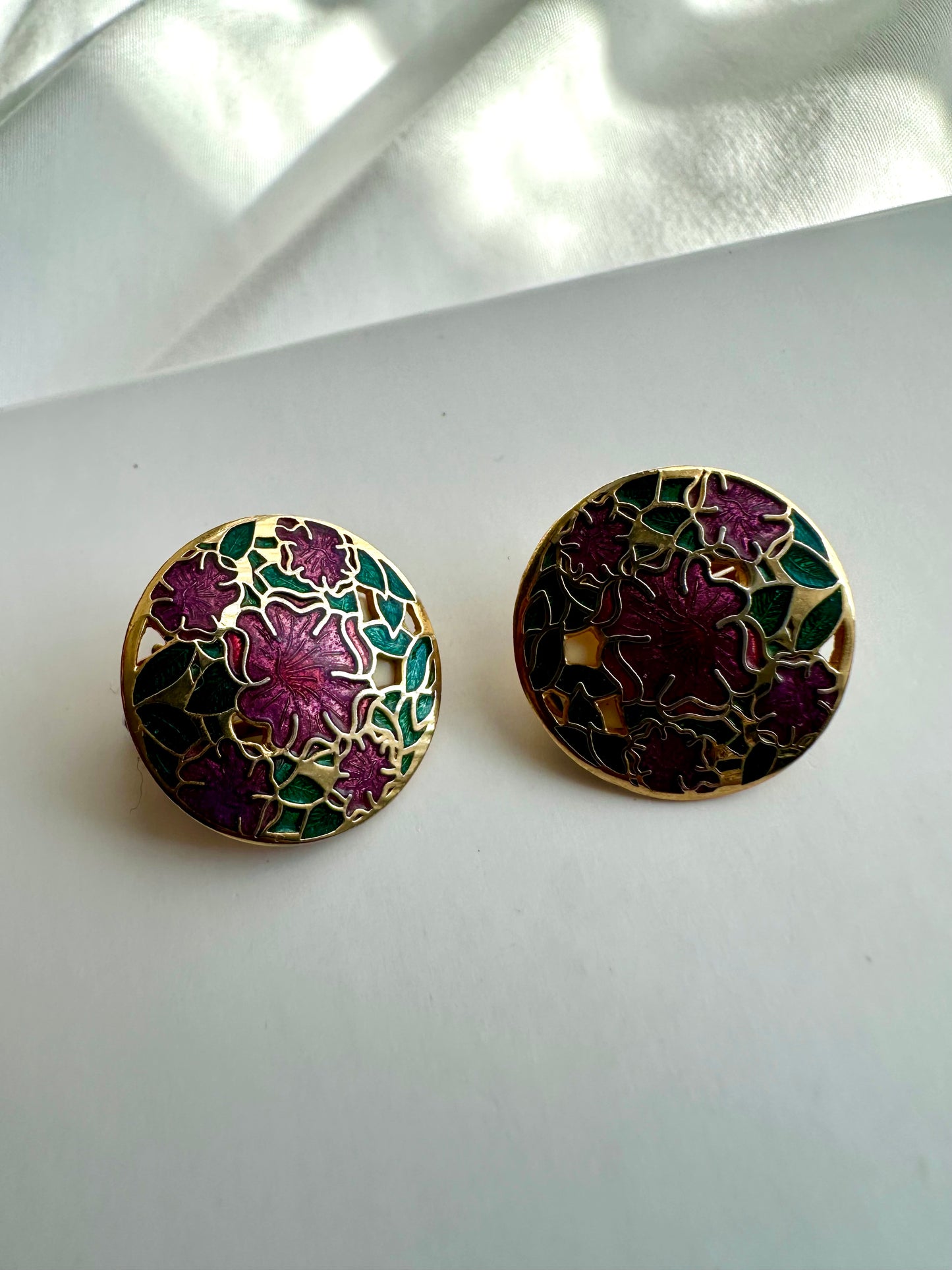 Vintage vergulde clip-oorbellen met bloemen - roze