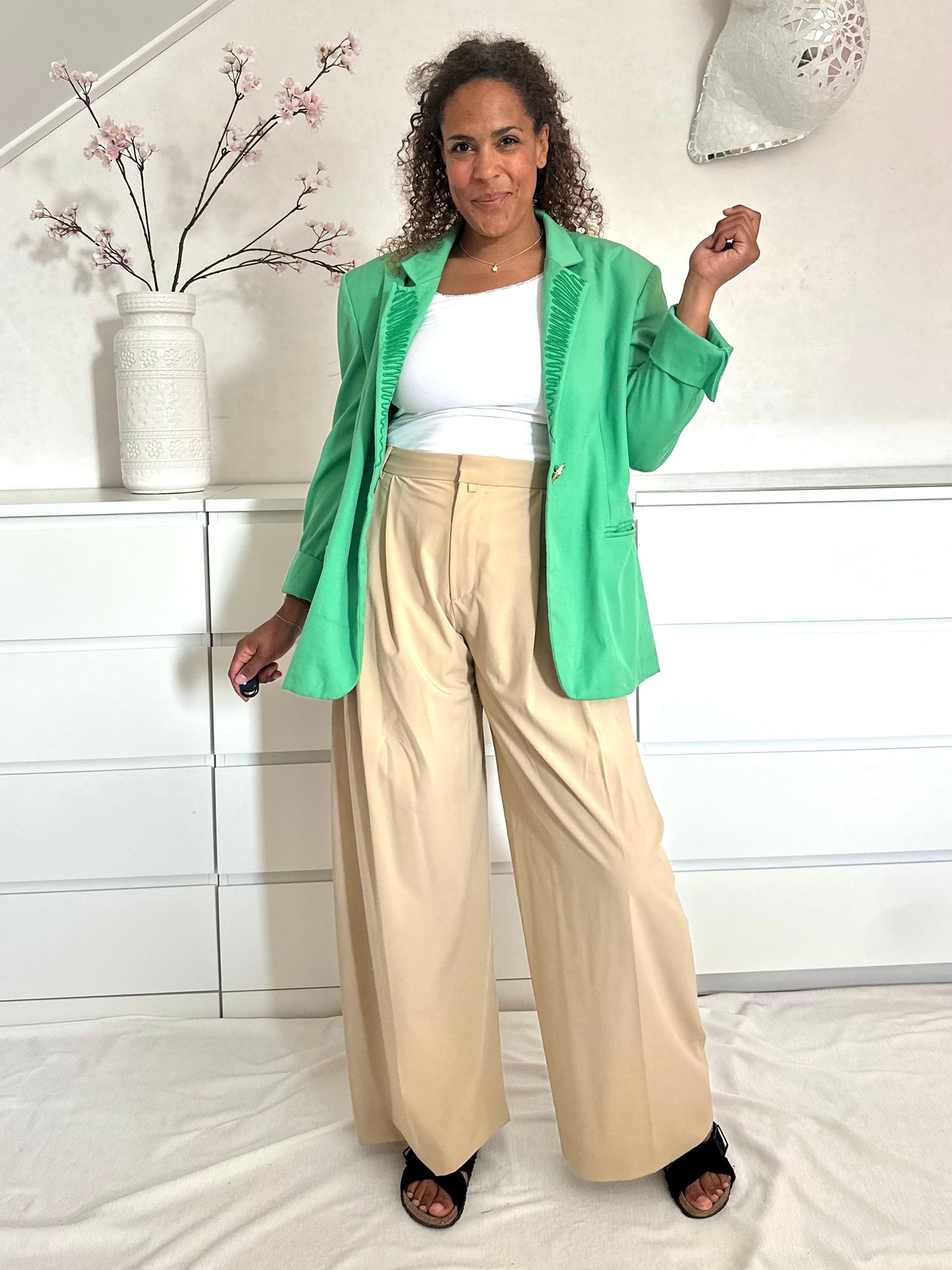 Vintage appelgroene blazer met geborduurde details - L/XL