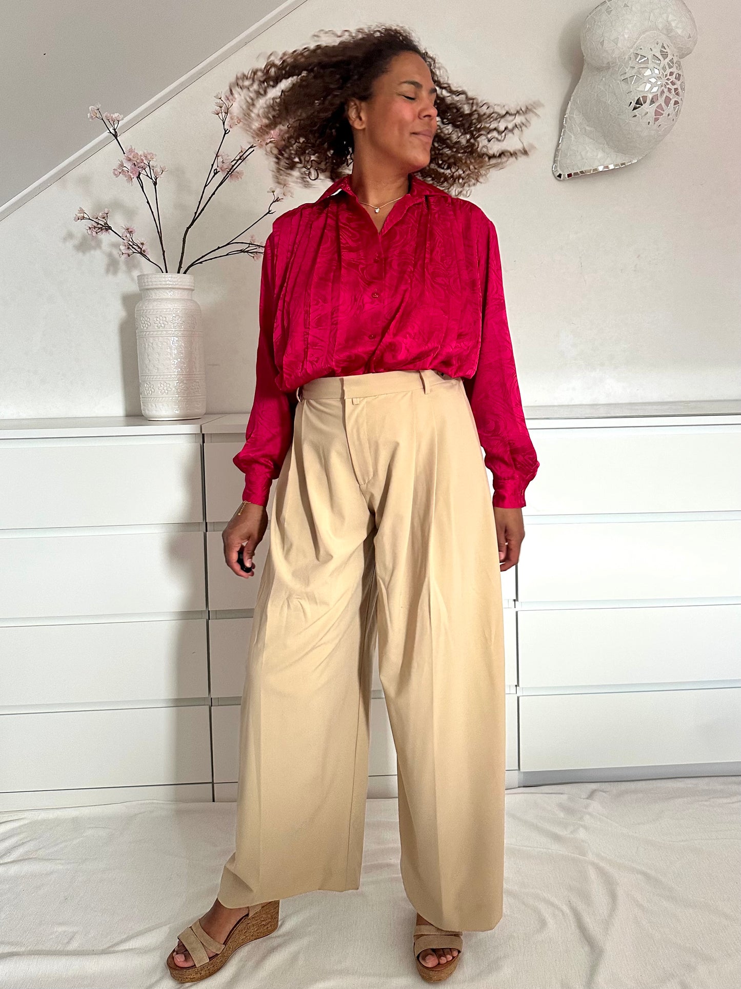 Vintage framboos roze geplooide blouse - XL/XXL