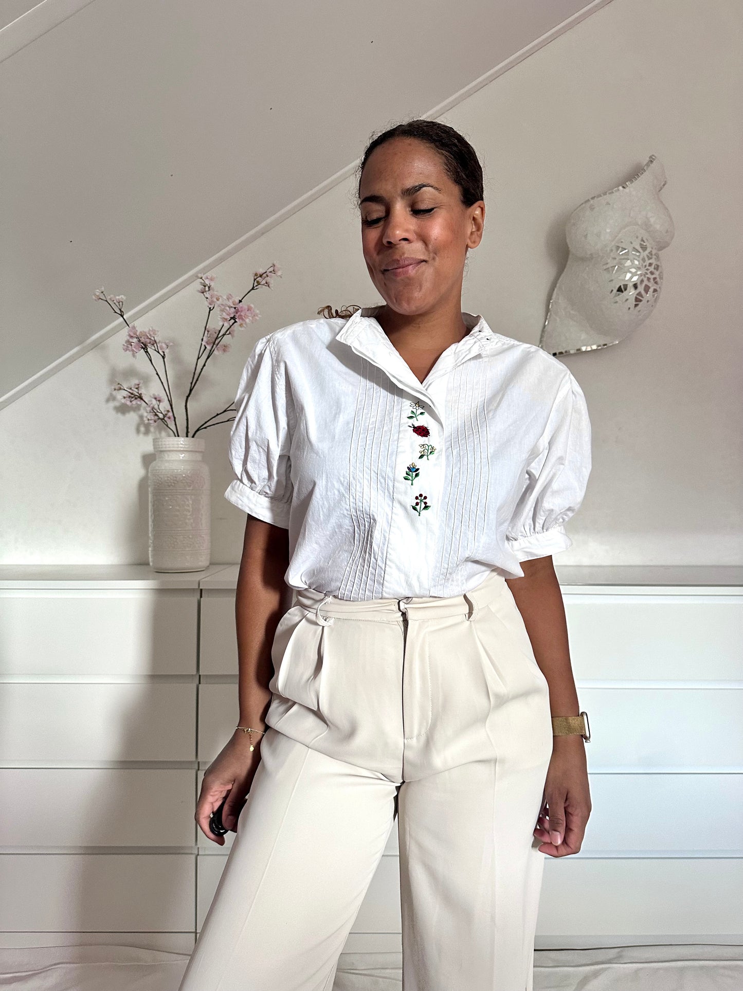 Vintage romantische blouse met borduurwerk - XL