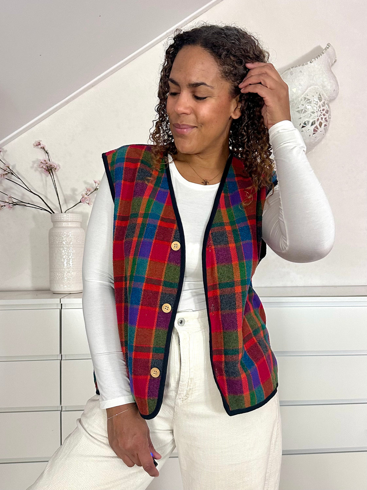 Vintage zachte gilet met geblokte print - M/L