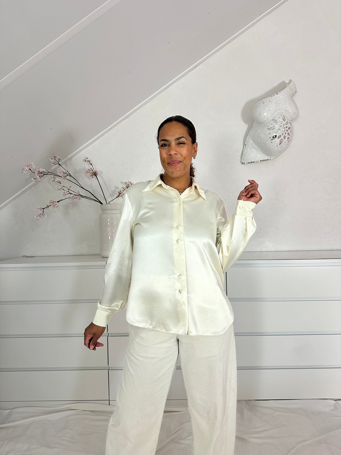Vintage champagne blouse met glans - XL