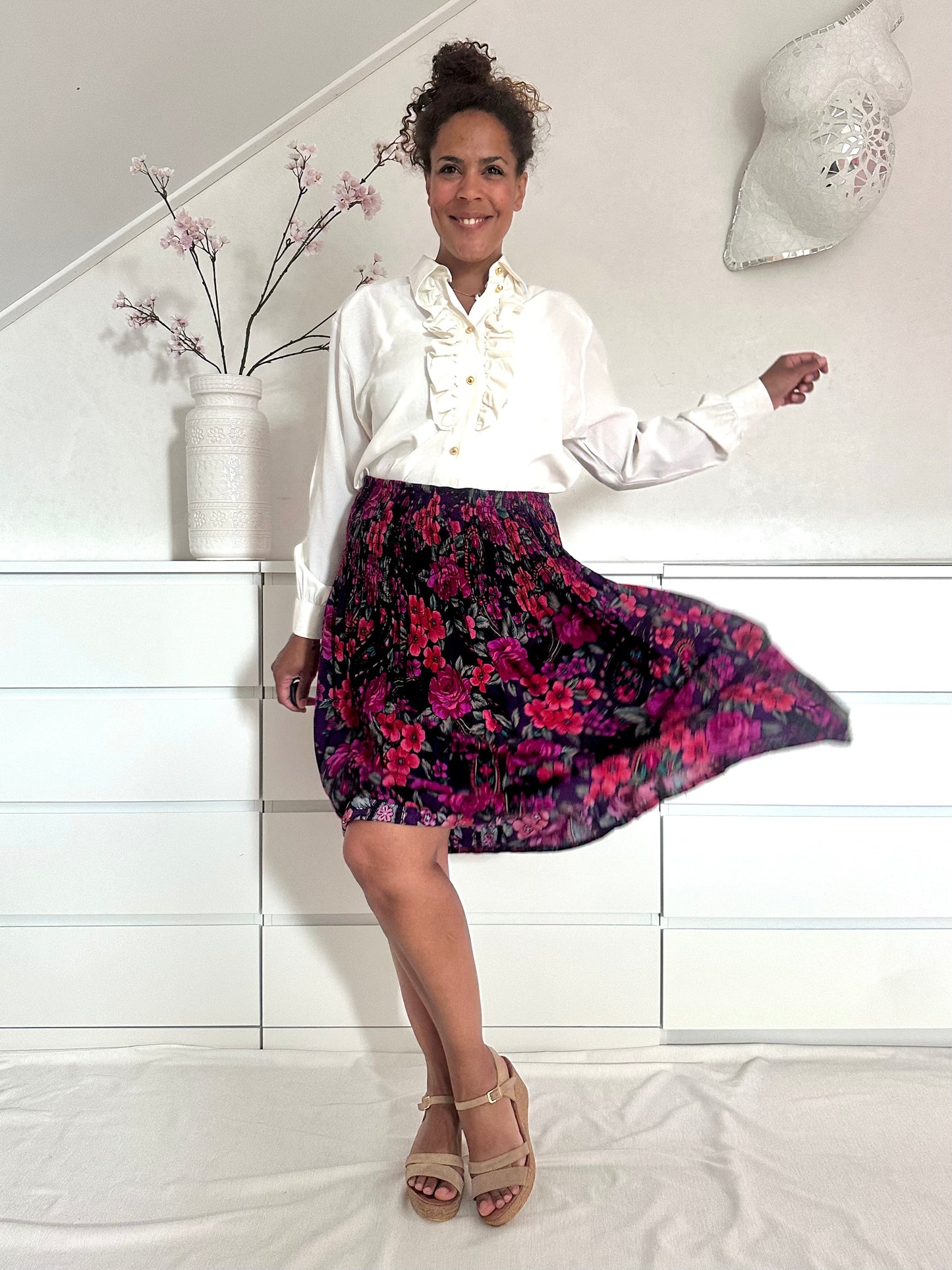 Vintage midirok met roze bloemenprint - M/L