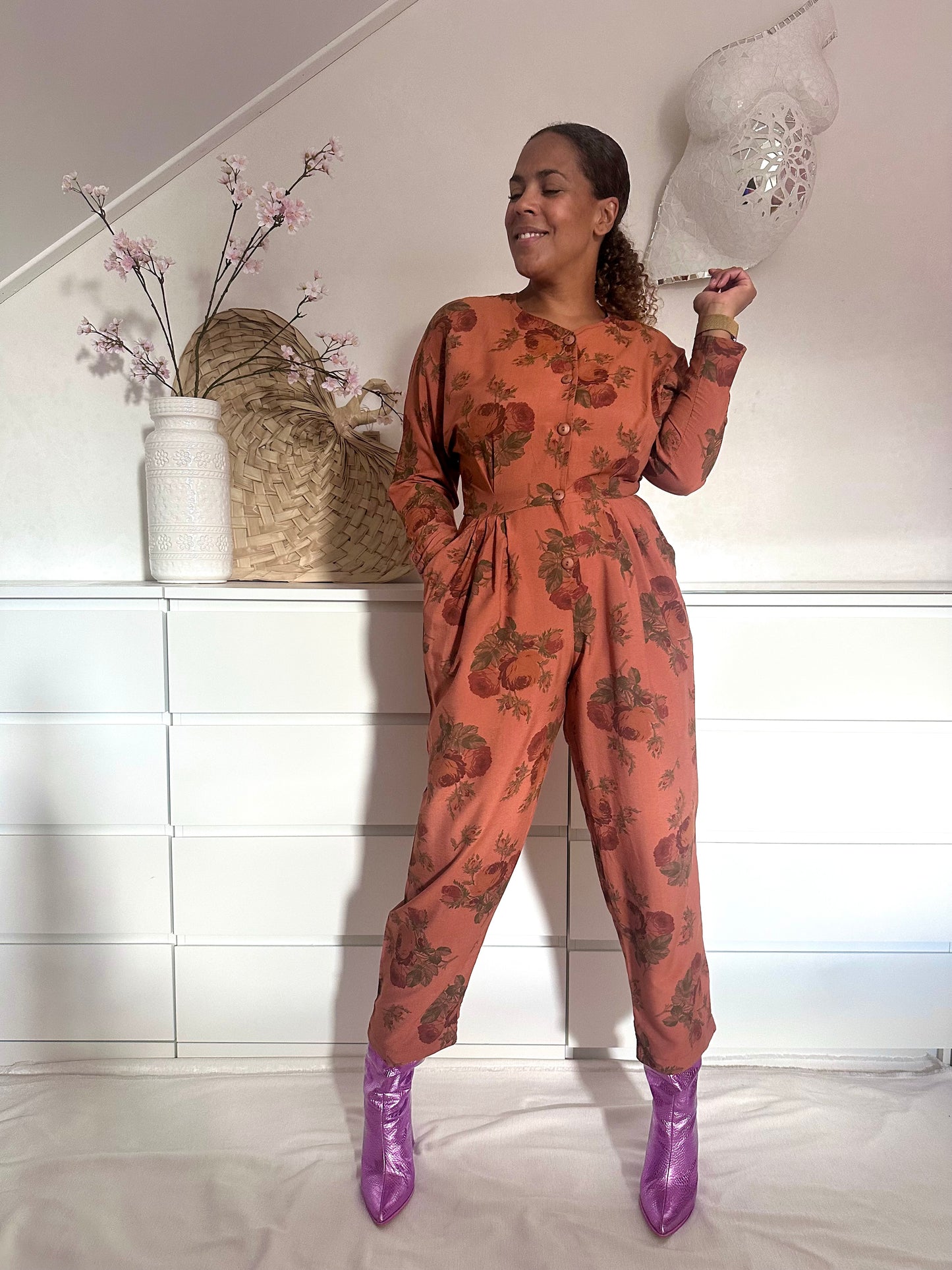 Vintage viscose jumpsuit in terra cotta - M