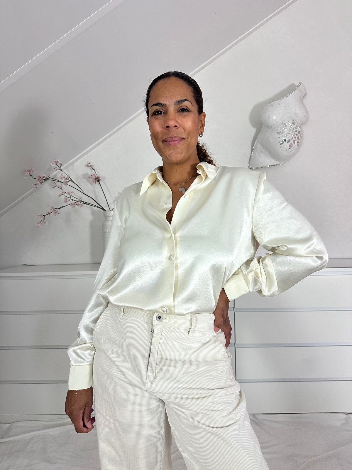 Vintage champagne blouse met glans - XL
