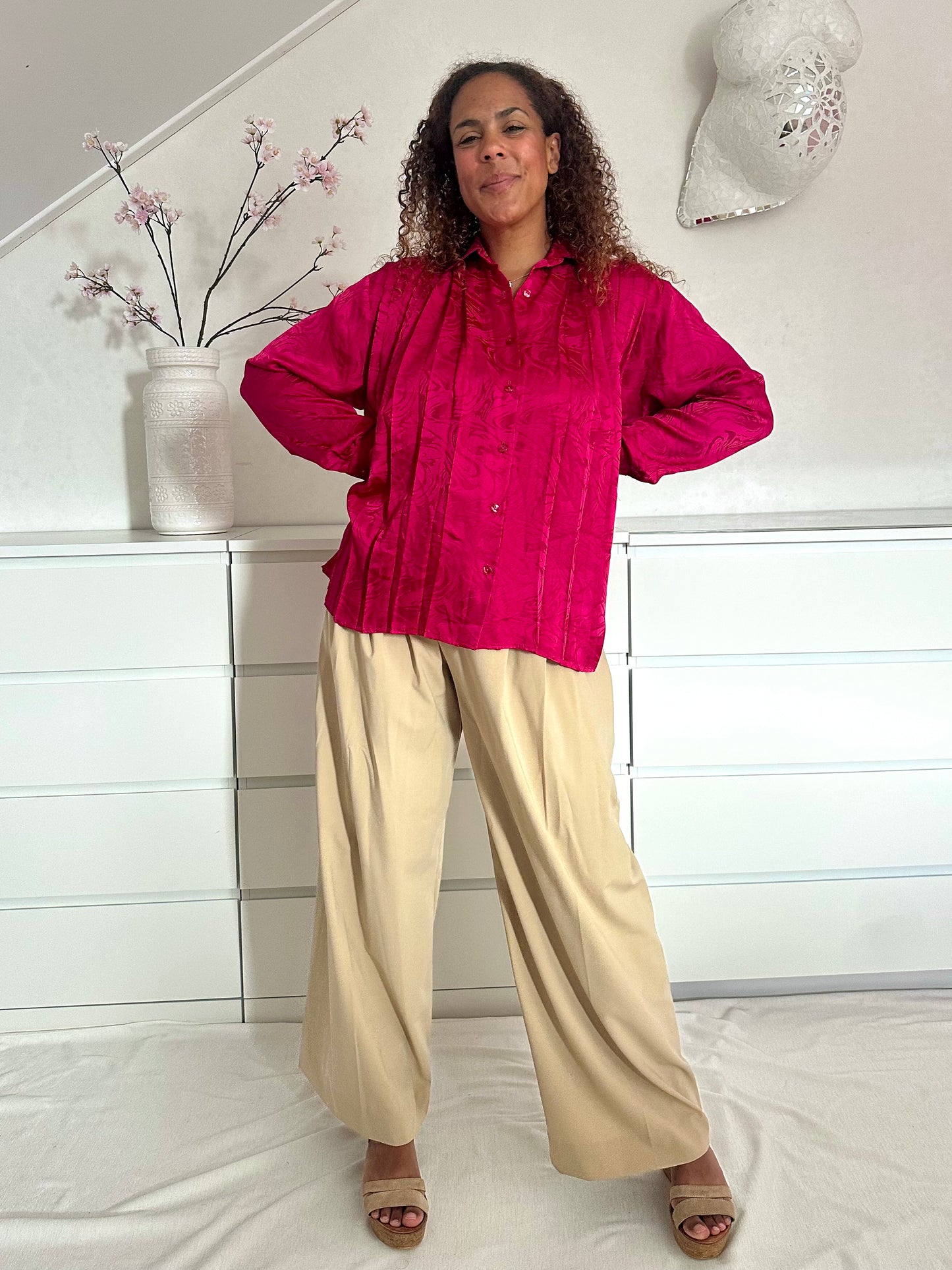 Vintage framboos roze geplooide blouse - XL/XXL