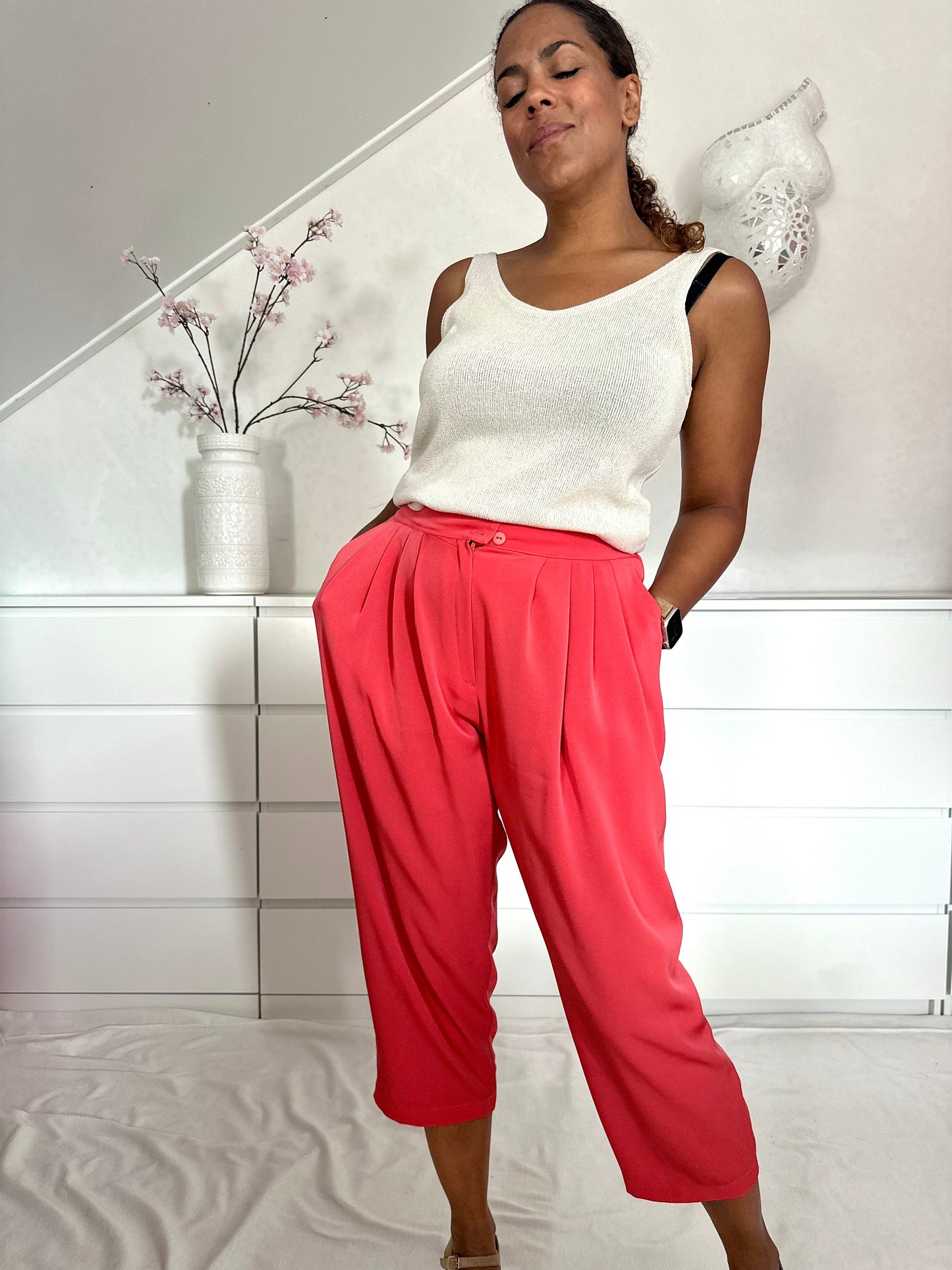 Vintage koraalrode zomer pantalon - L