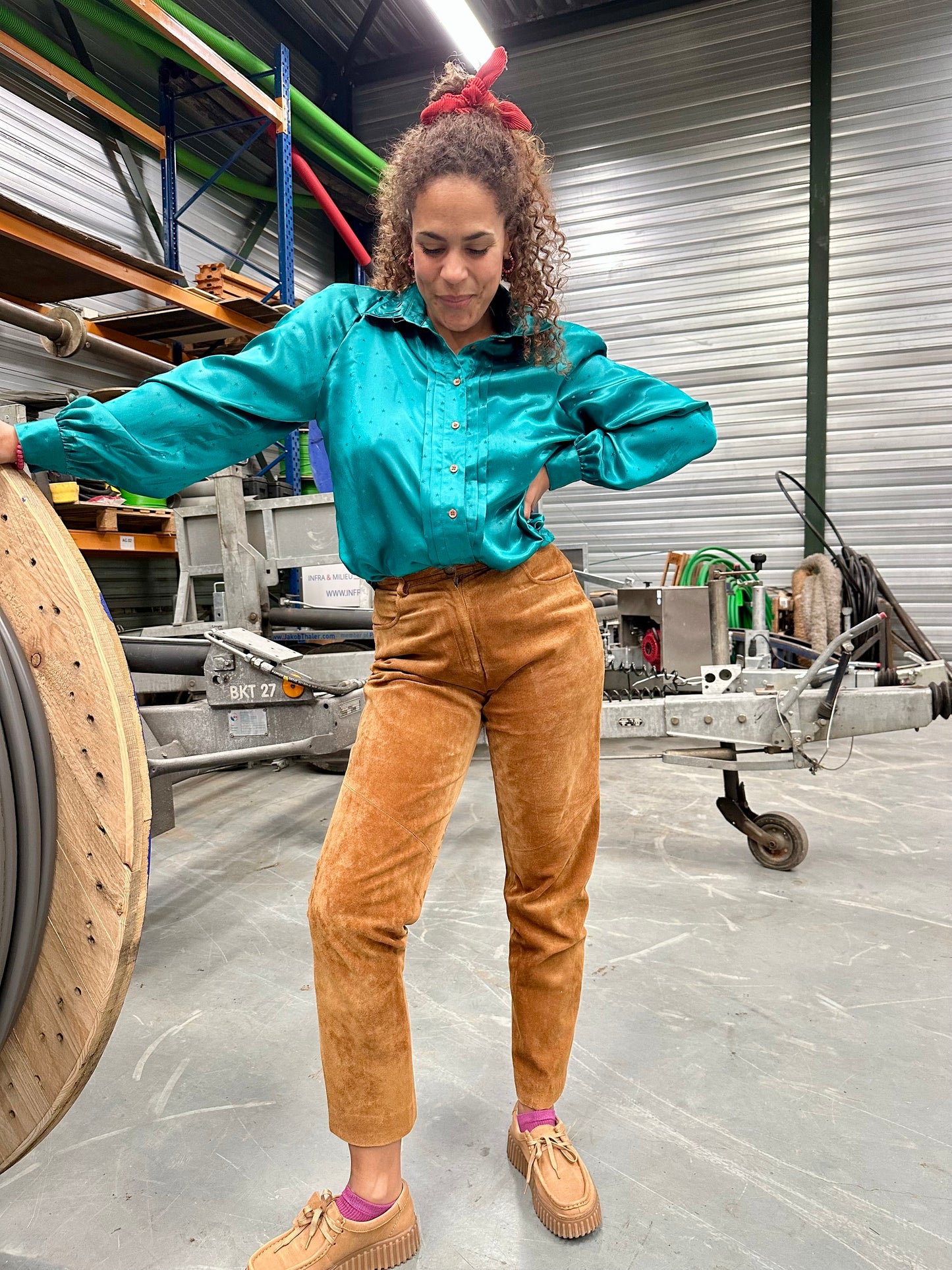 Vintage turquoise blouse met sterretjes - L