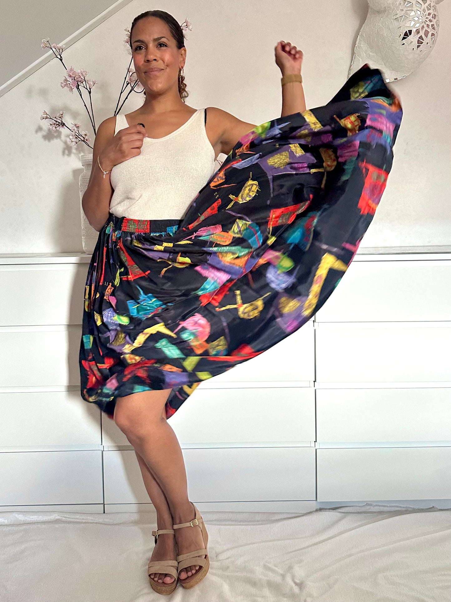 Vintage plus size midi-rok met abstracte print - XL/XXL