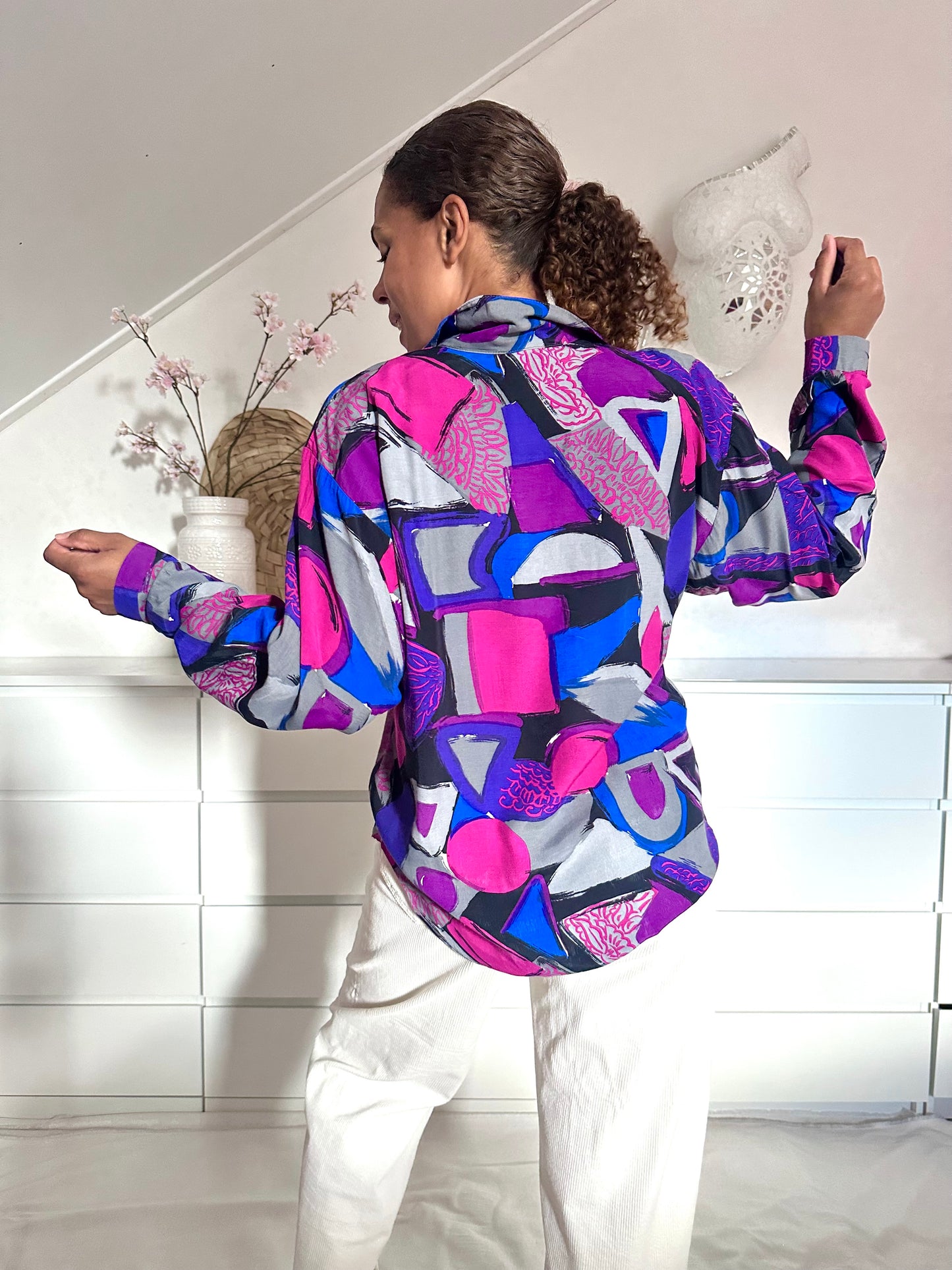 Vintage viscose blouse in paars en roze print - XL