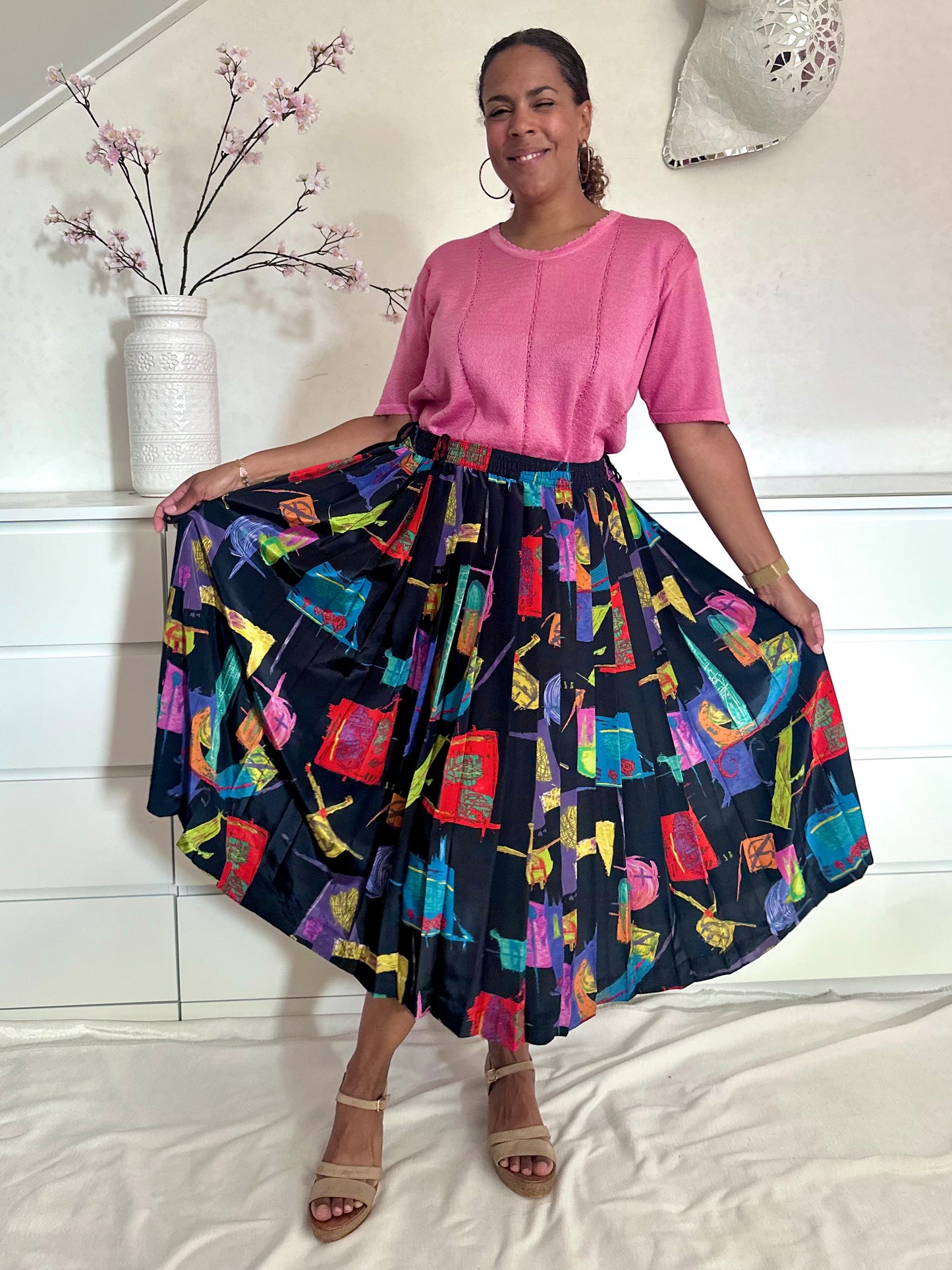 Vintage plus size midi-rok met abstracte print - XL/XXL