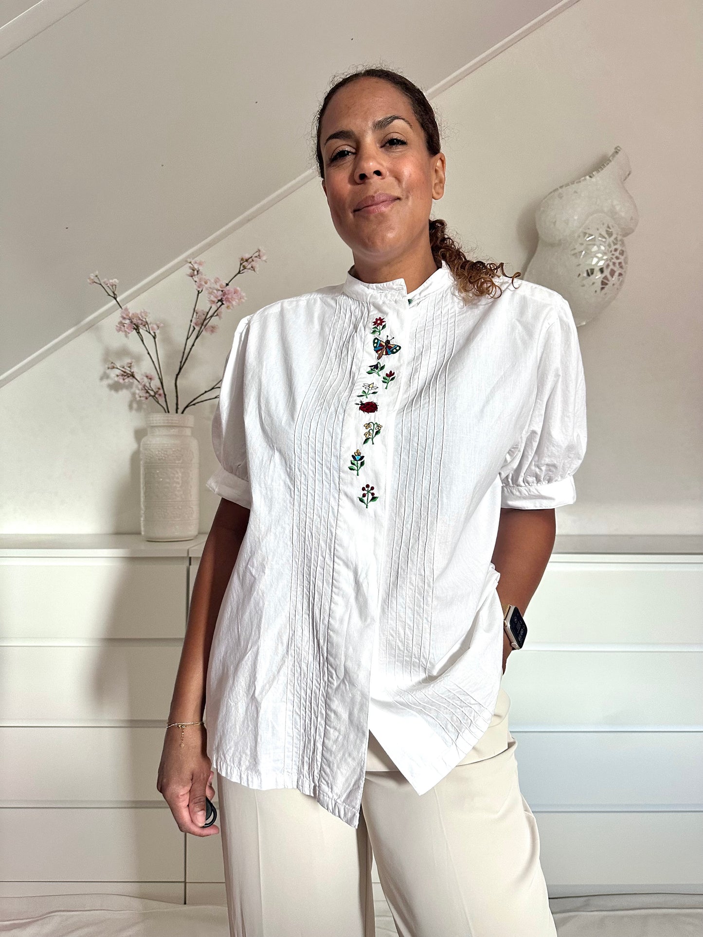 Vintage romantische blouse met borduurwerk - XL