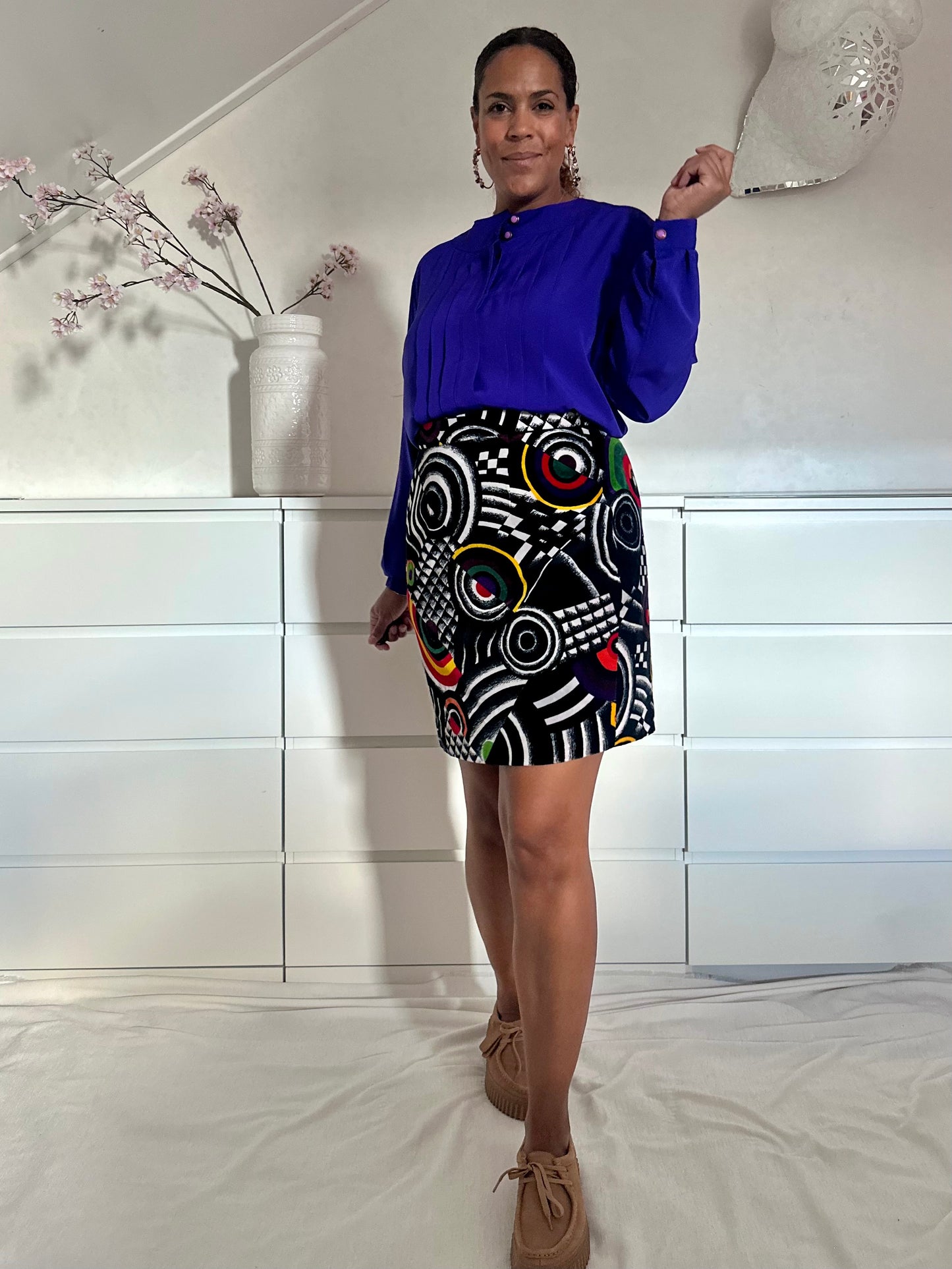 Vintage fluffy mini-rok met geometrische print - L