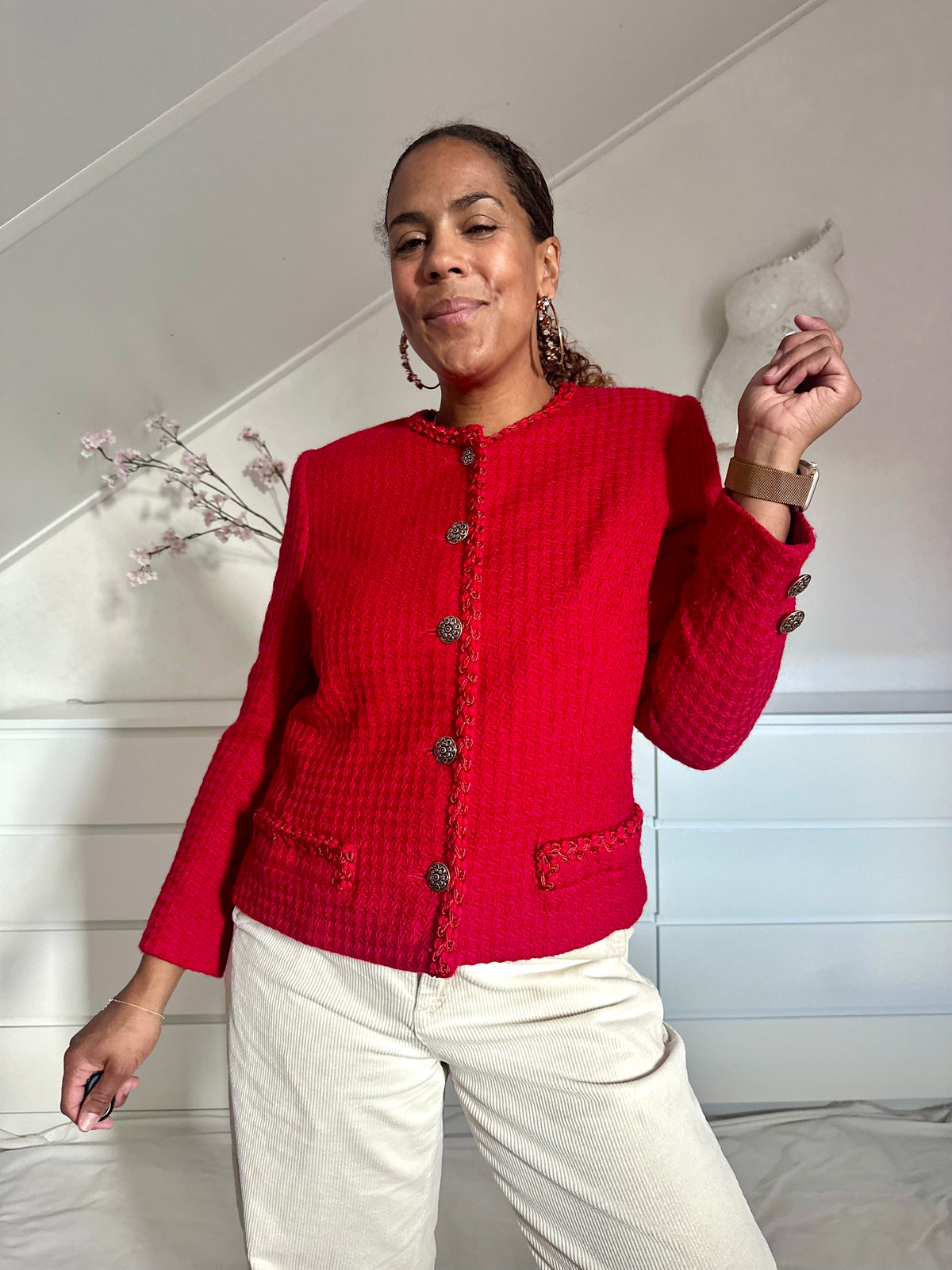 Vintage knalrood bouclé jasje - M