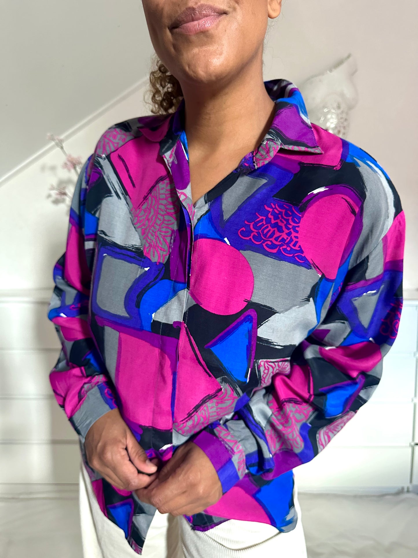 Vintage viscose blouse in paars en roze print - XL