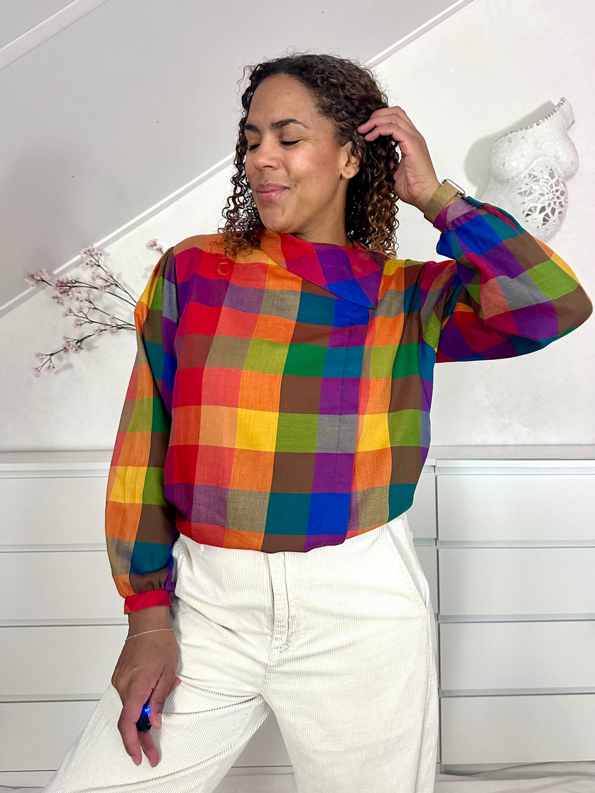 Vintage katoenen geruite blouse met herfstkleuren - M