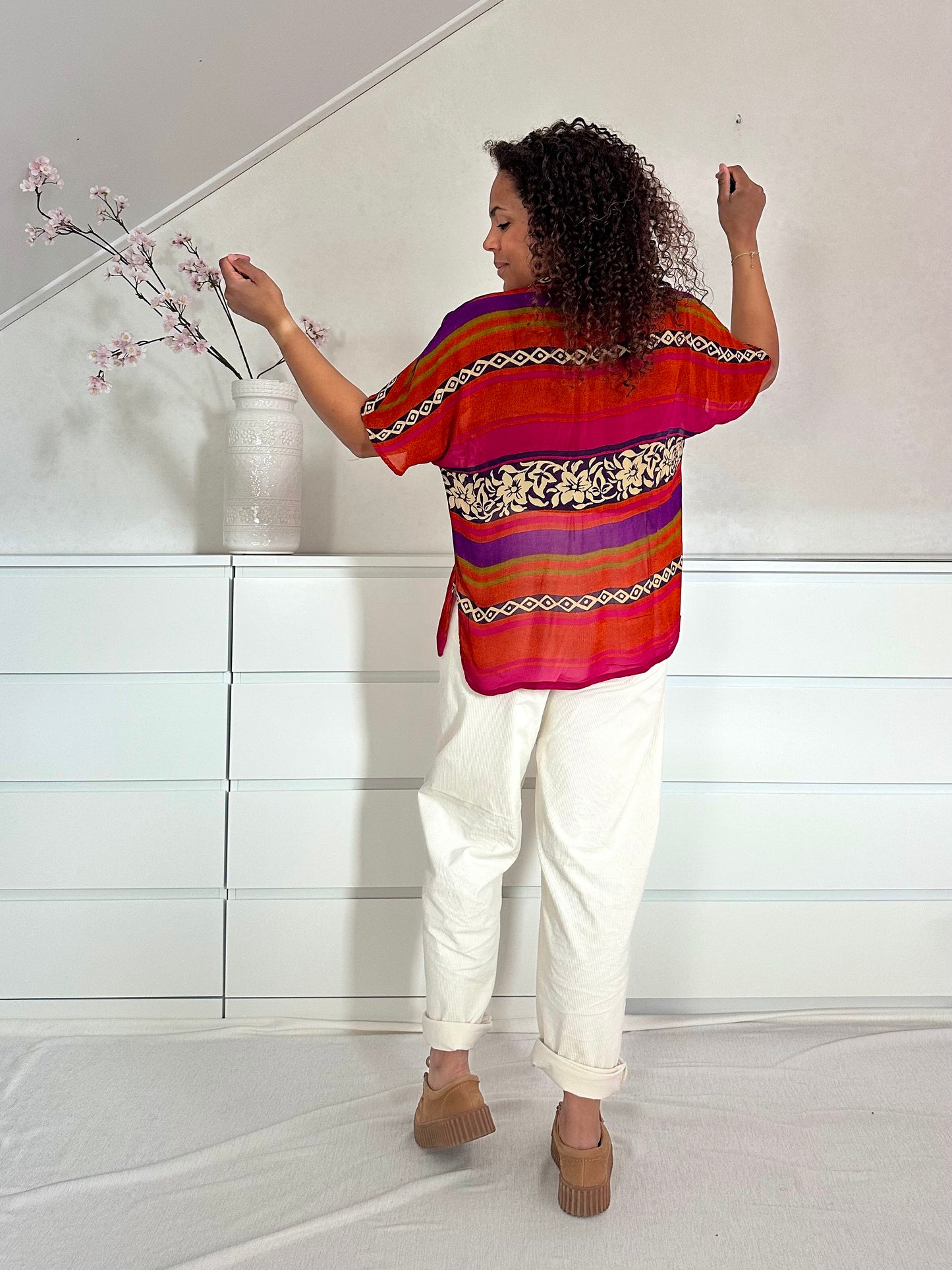 Vintage transparante blouse met kleurrijke strepen - L/XL