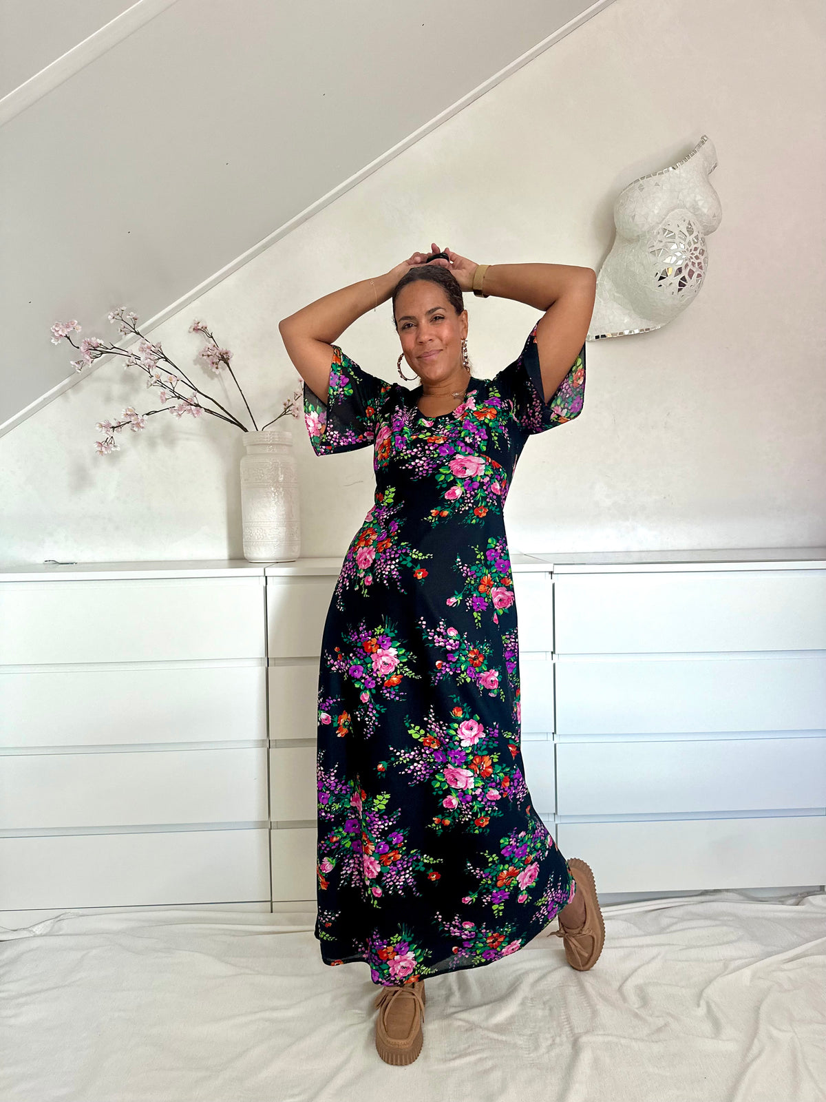 Vintage maxi-jurk uit de 70's met bloemenprint - M