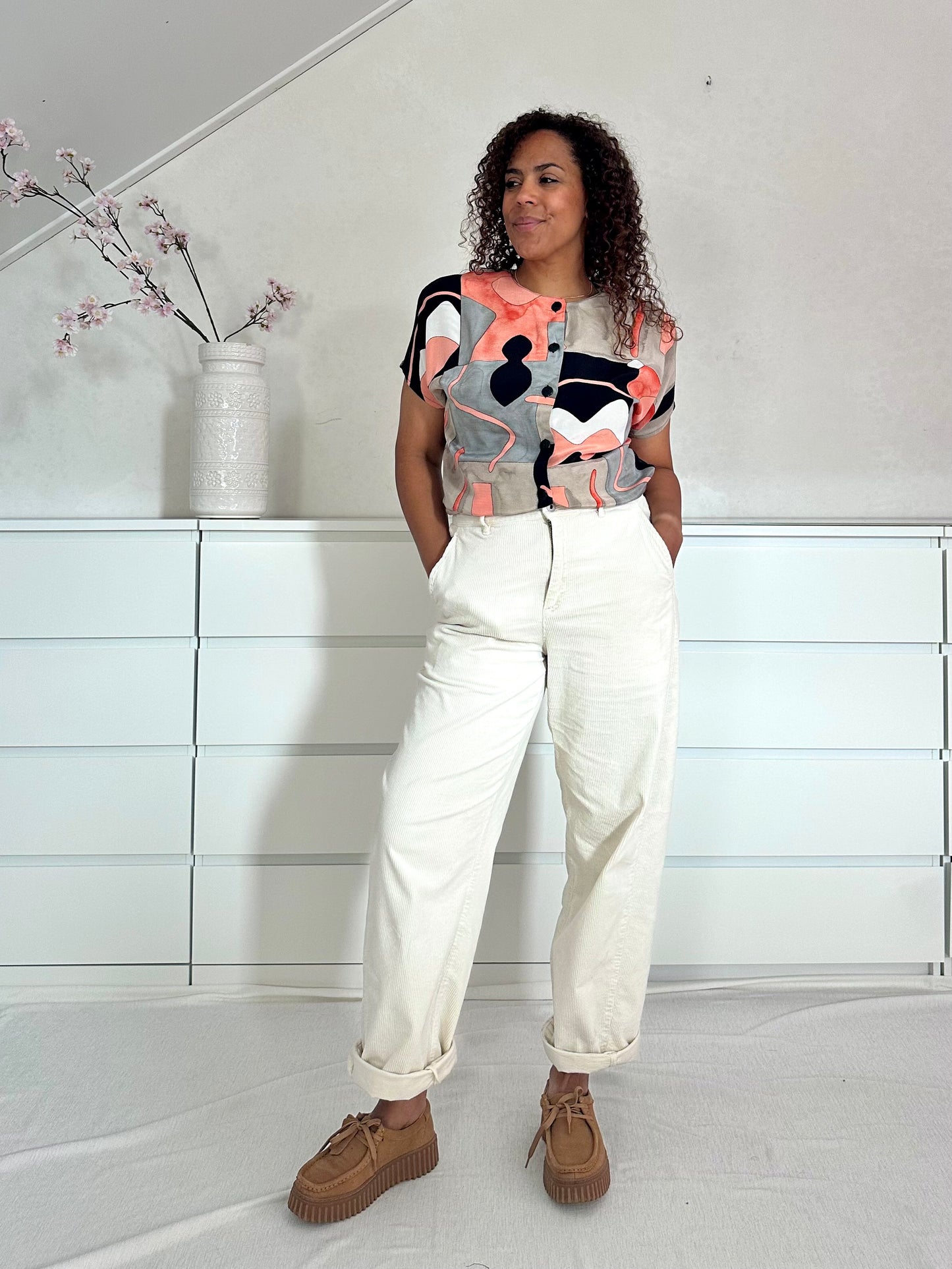 Vintage zalm/grijs viscose blouse - M/L