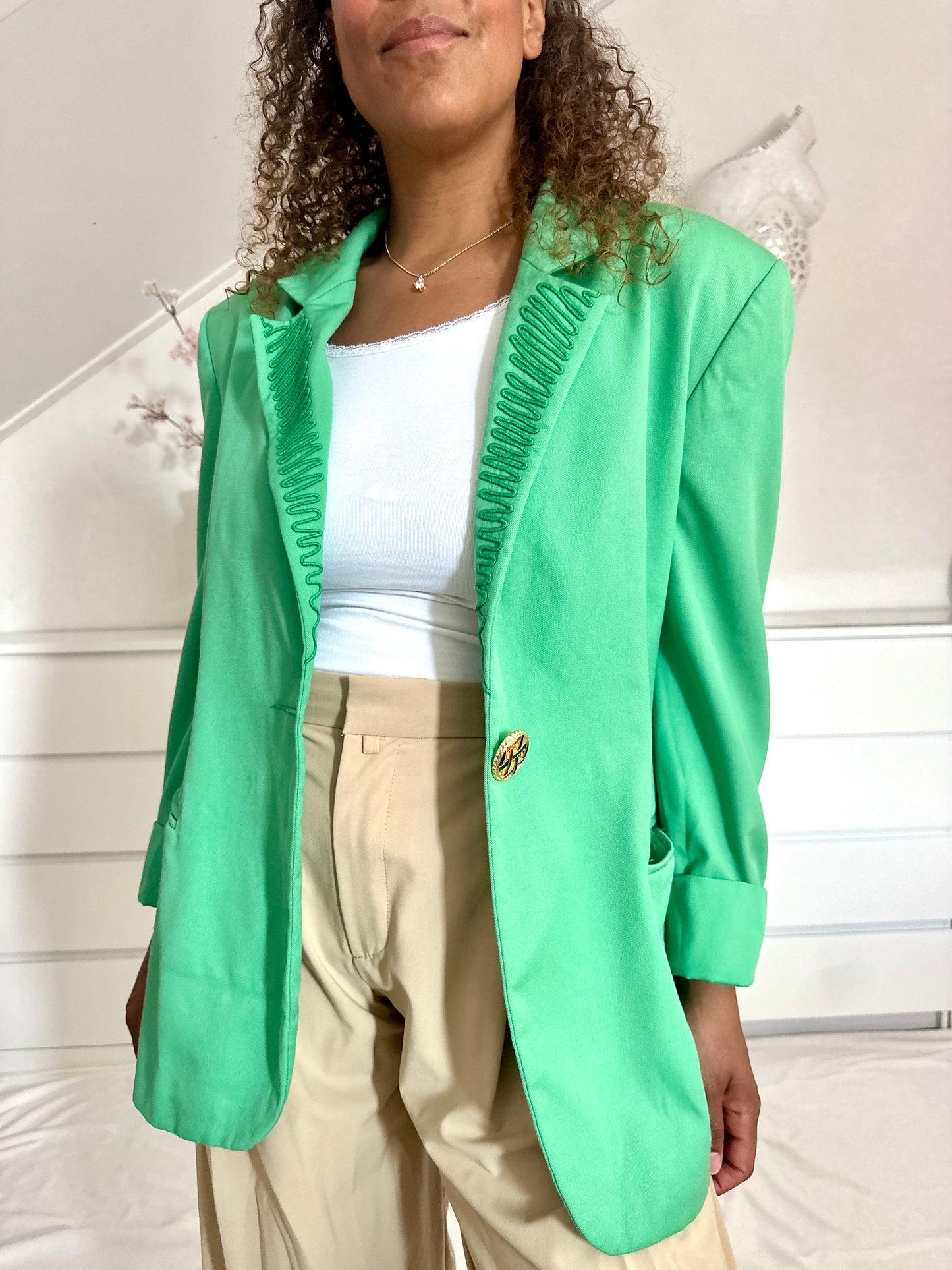 Vintage appelgroene blazer met geborduurde details - L/XL