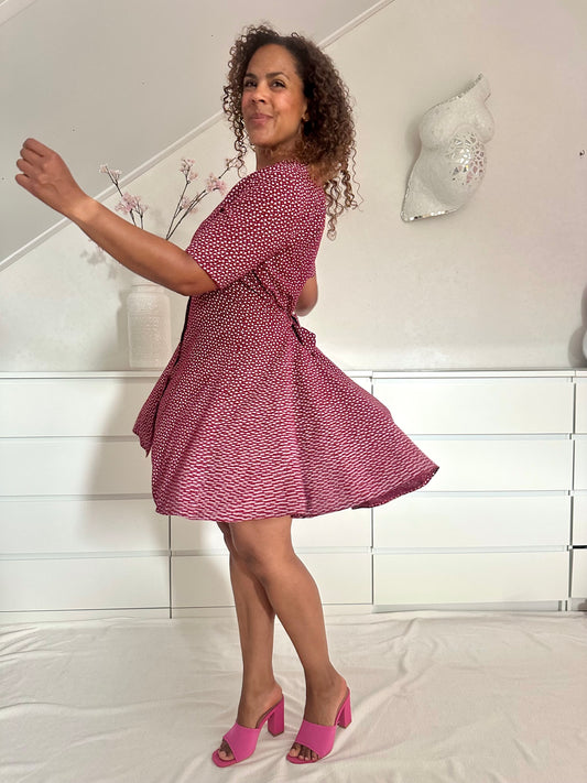 Vintage burgundy korte swing jurk met print - S/M