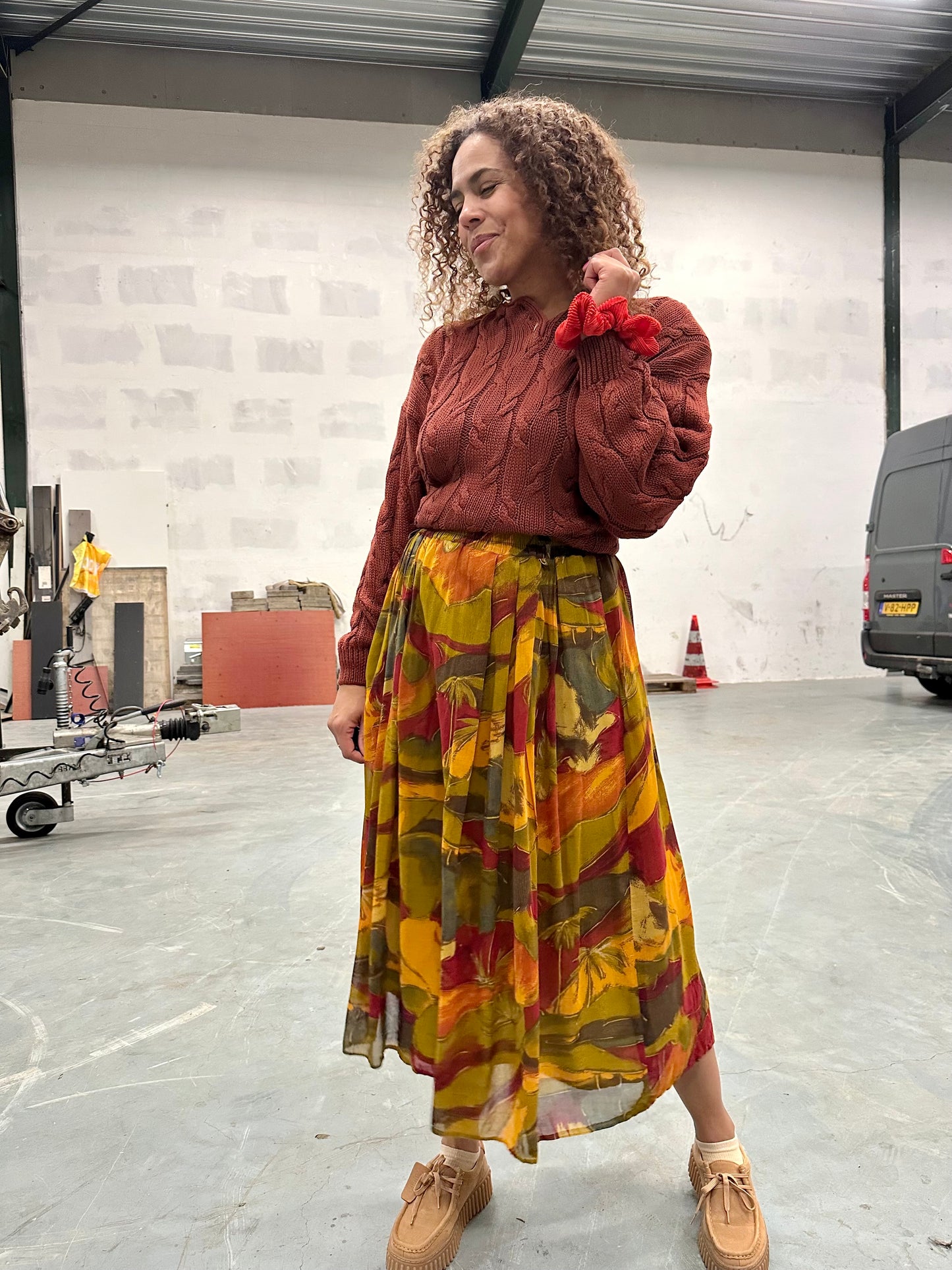 Vintage midi. plooirok in herfsttinten - M/L