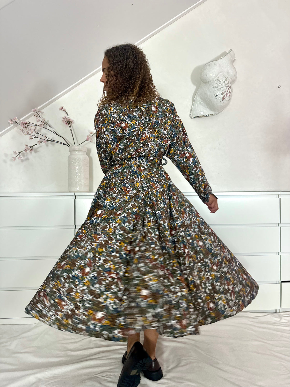 Vintage maxi-jurk in katoen met  botanische vogel print - M