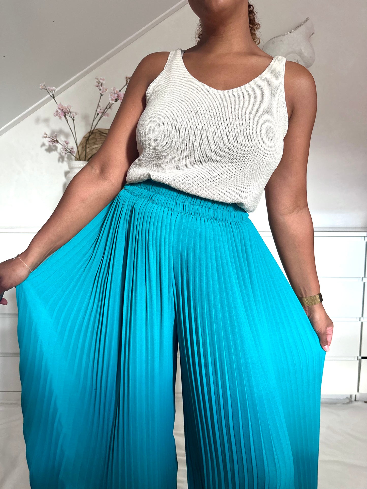 Vintage geplooide palazzo broek in turquoise - S/M