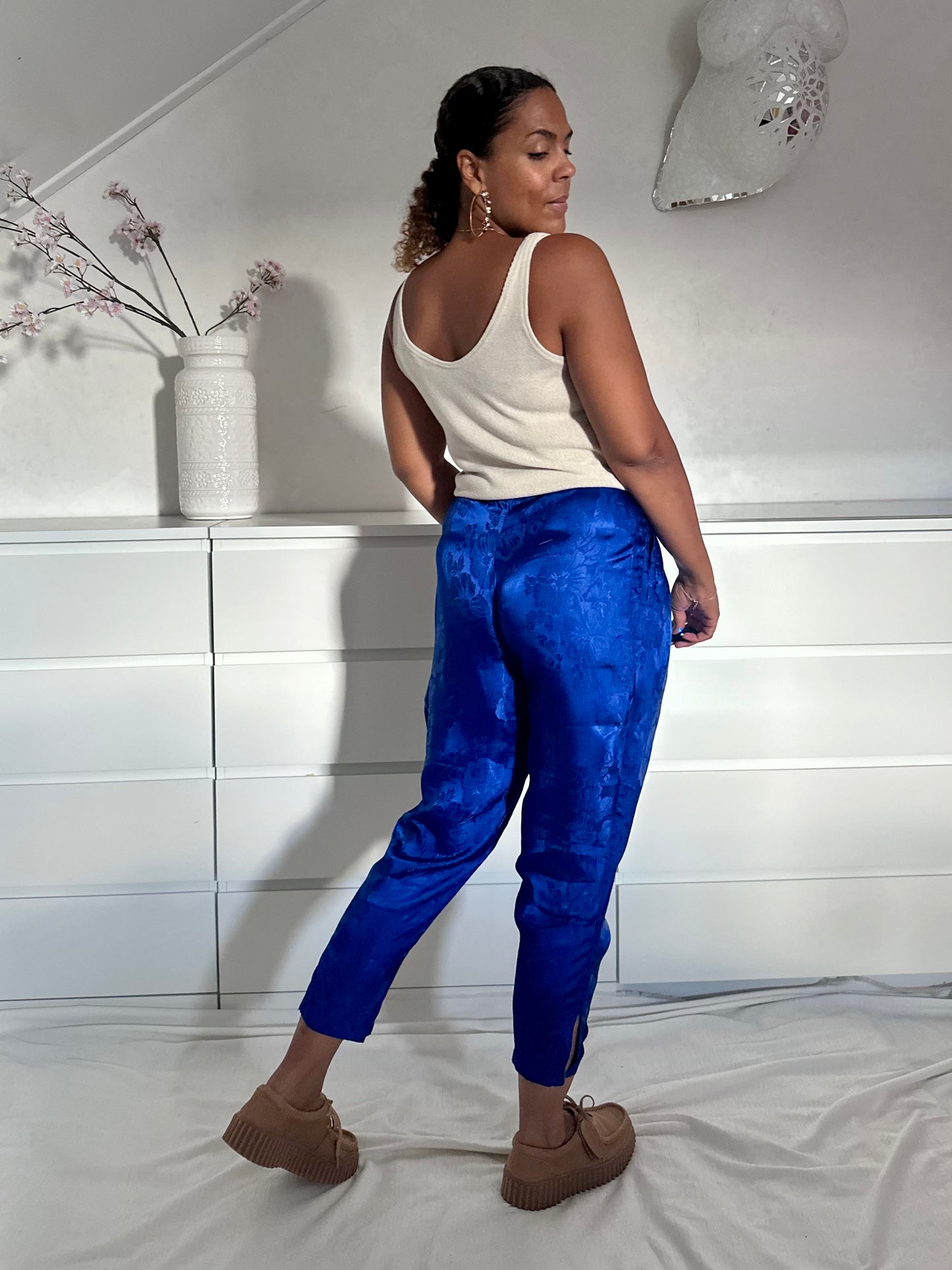 Vintage kobalt blauwe high waist broek met print - XS-S