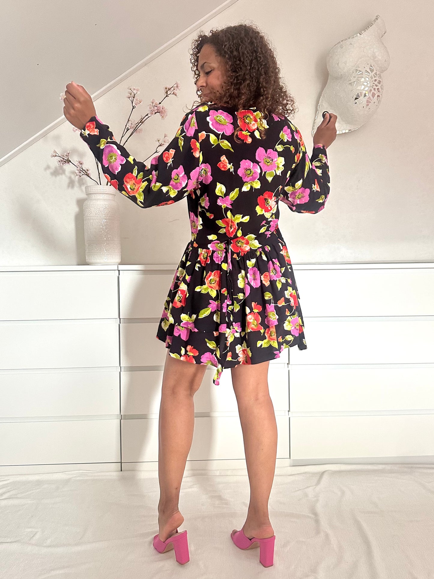 Vintage korte bloemenjurk van viscose - M