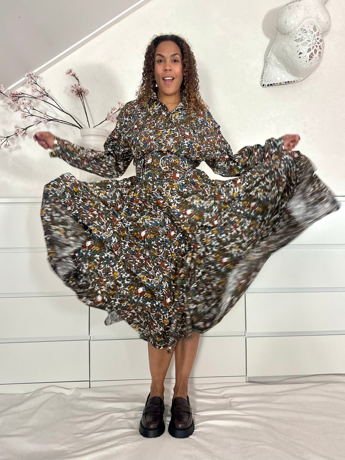 Vintage maxi-jurk in katoen met  botanische vogel print - M