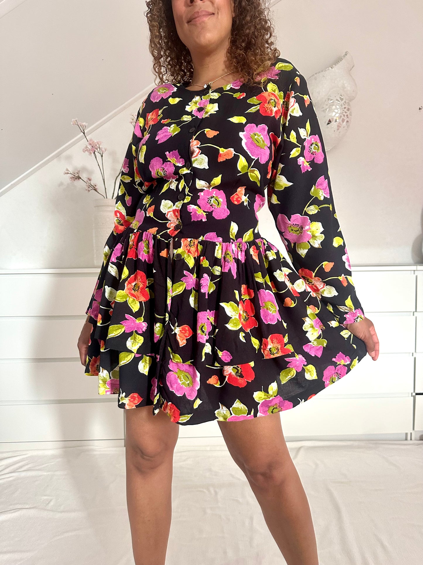 Vintage korte bloemenjurk van viscose - M