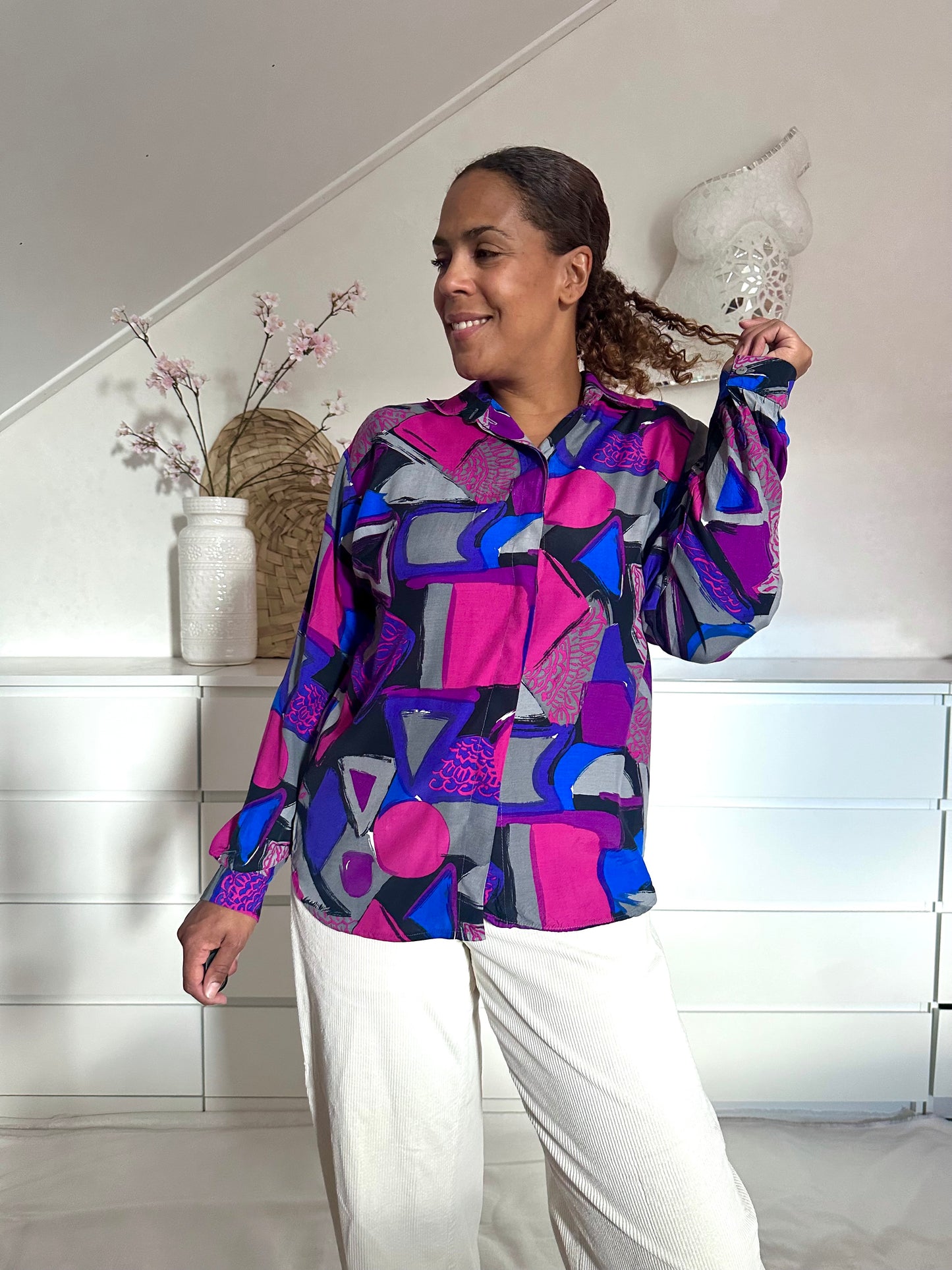 Vintage viscose blouse in paars en roze print - XL