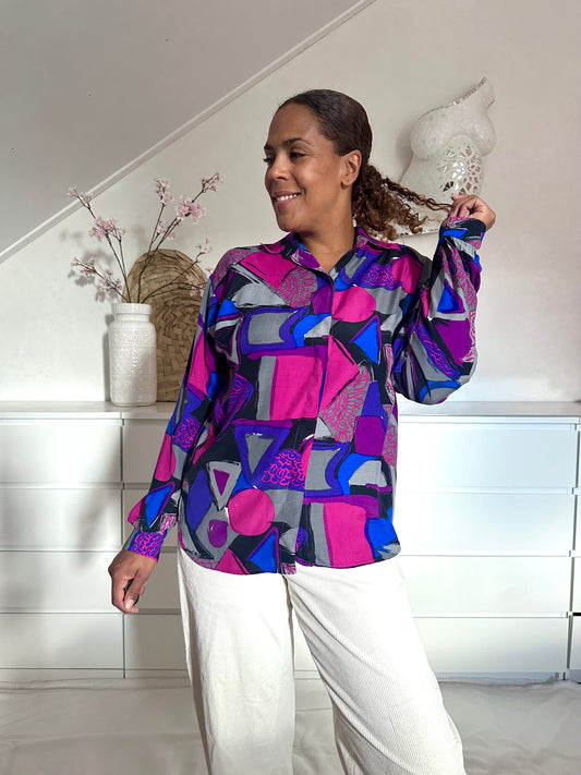 Vintage viscose blouse in paars en roze print - XL