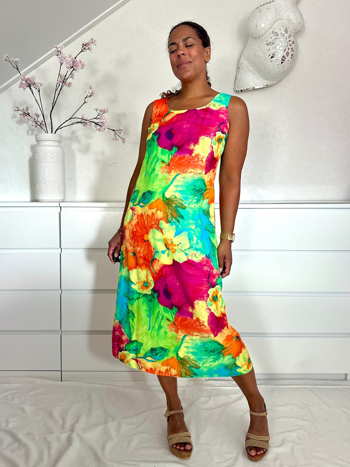 Vintage felgekleurde maxi-jurk van viscose - M/L
