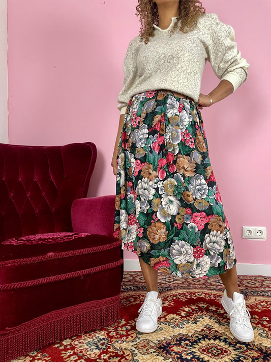 Vintage viscose floral midi herfst rok