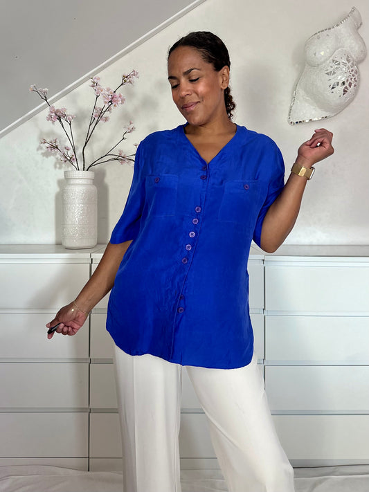 Vintage kobaltblauwe blouse van zijde - XL