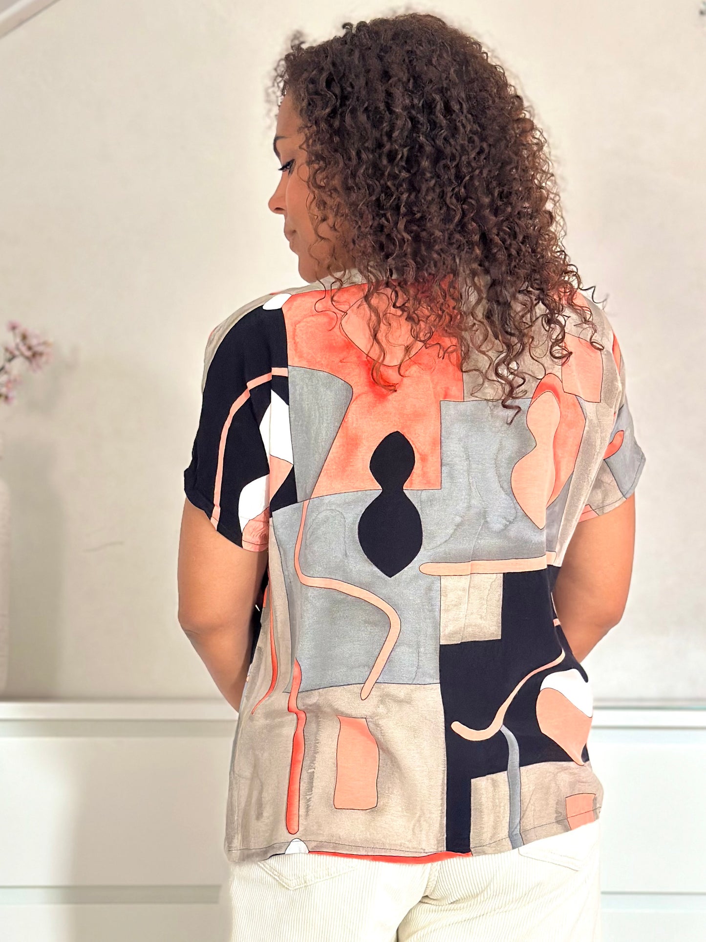Vintage zalm/grijs viscose blouse - M/L