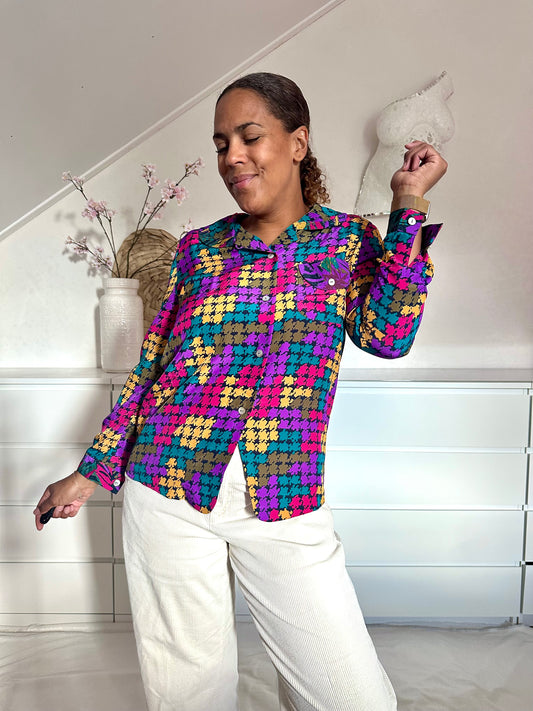 Vintage pied-de-poule multicolor blouse - M