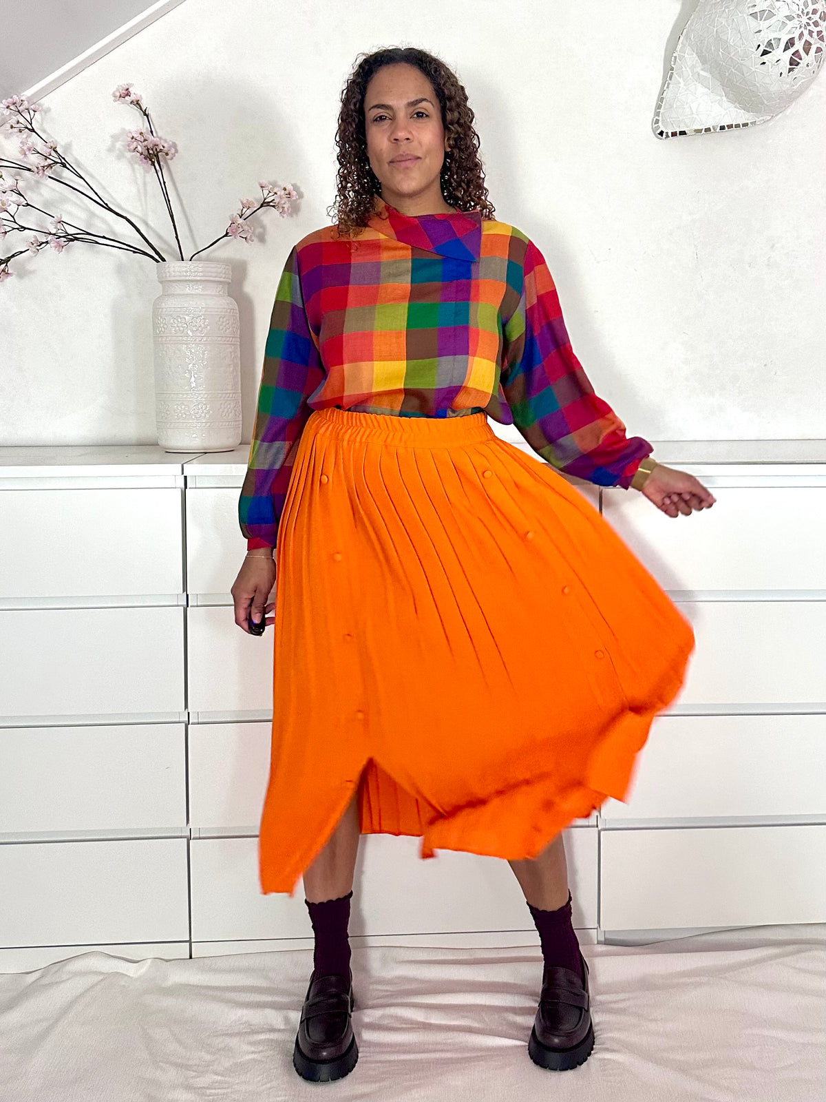 Vintage katoenen geruite blouse met herfstkleuren - M