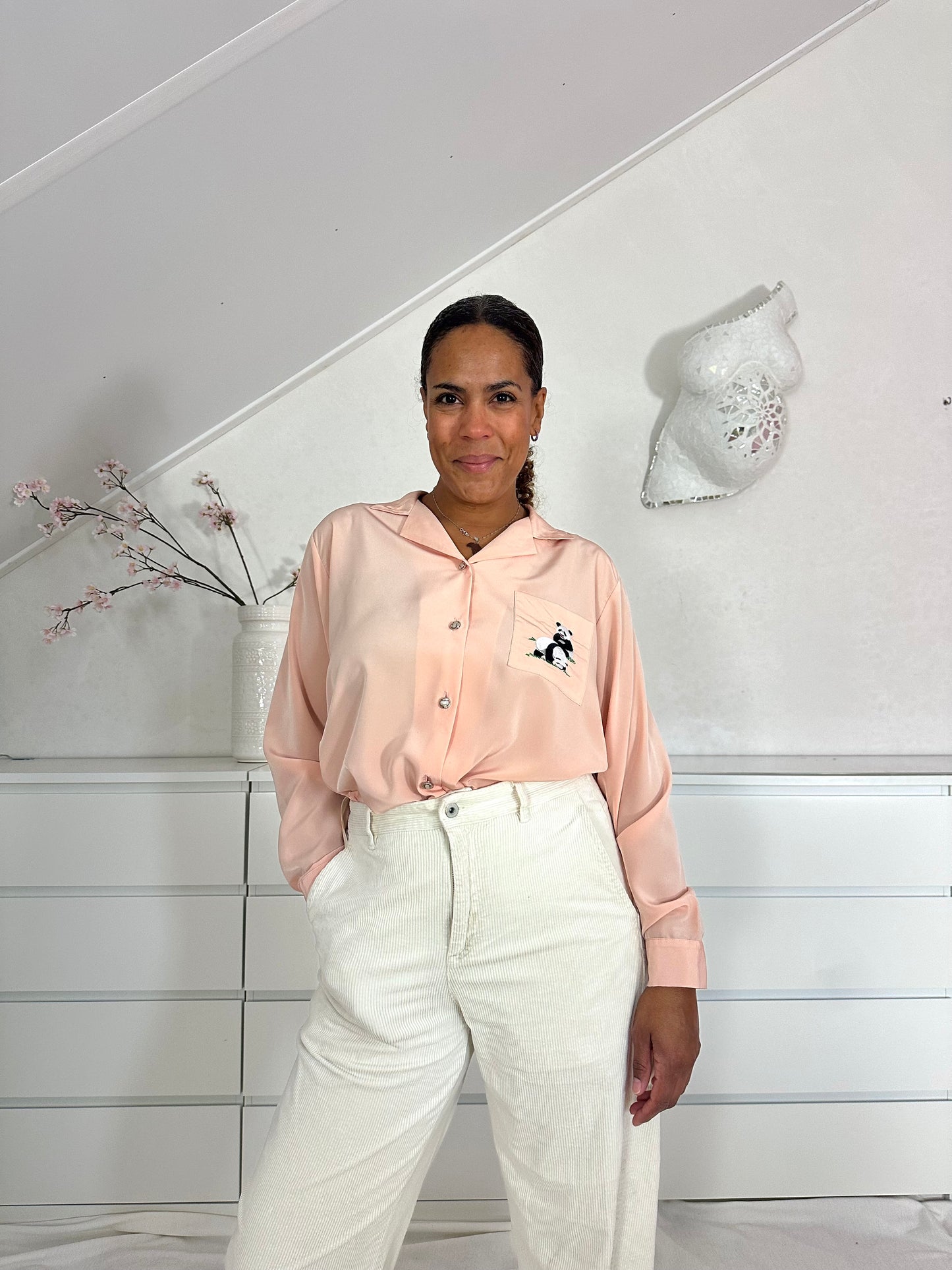 Vintage perzikkleurige blouse met panda’s - M/L