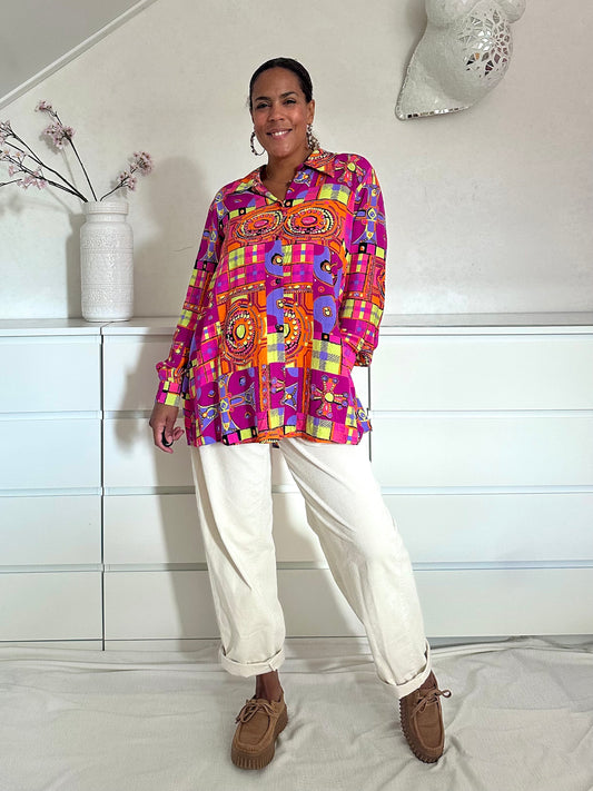 Vintage multicolor viscose blouse met grafische print - XL