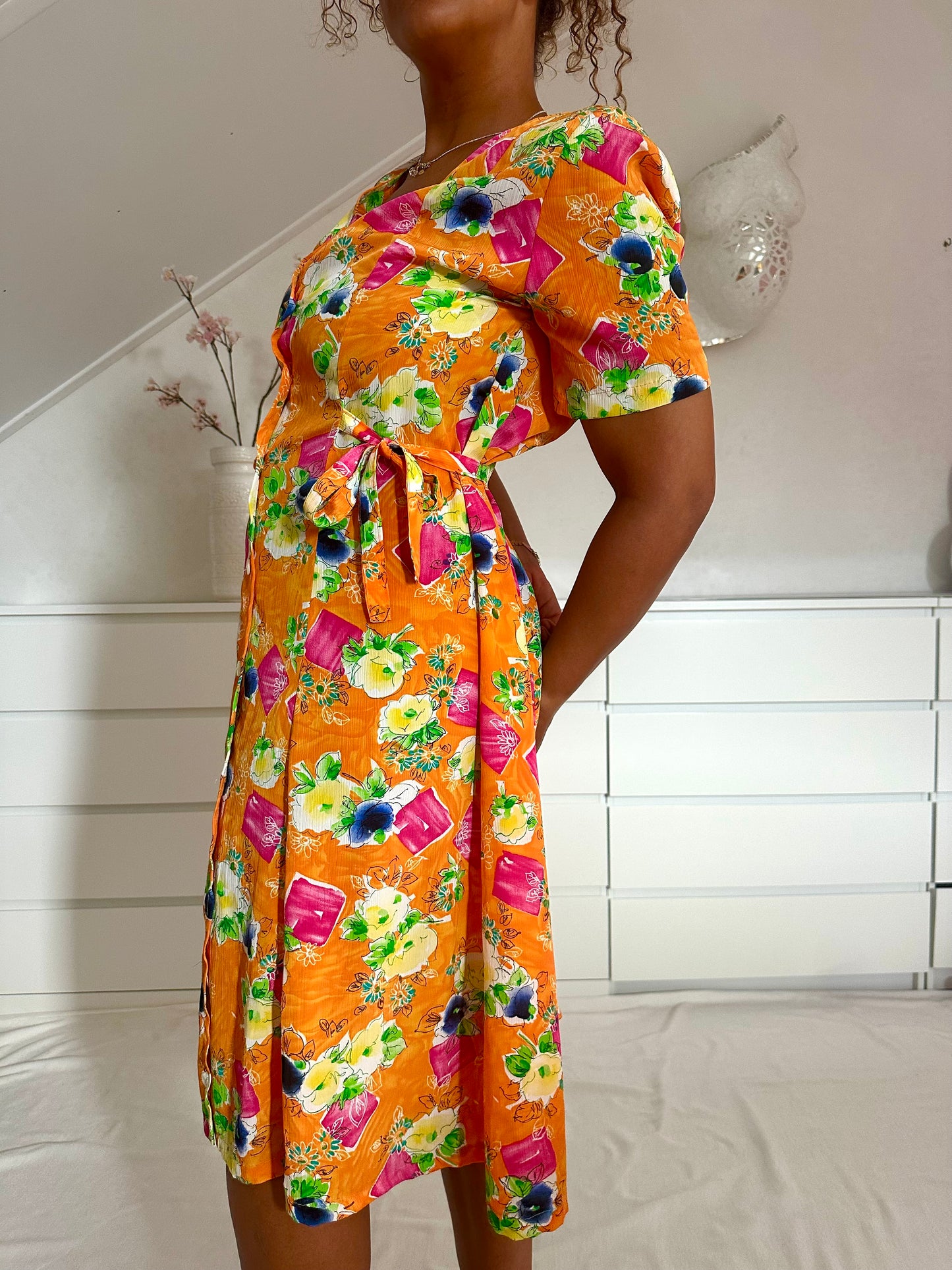 Vintage oranje midi-jurk met bloemenprint - L