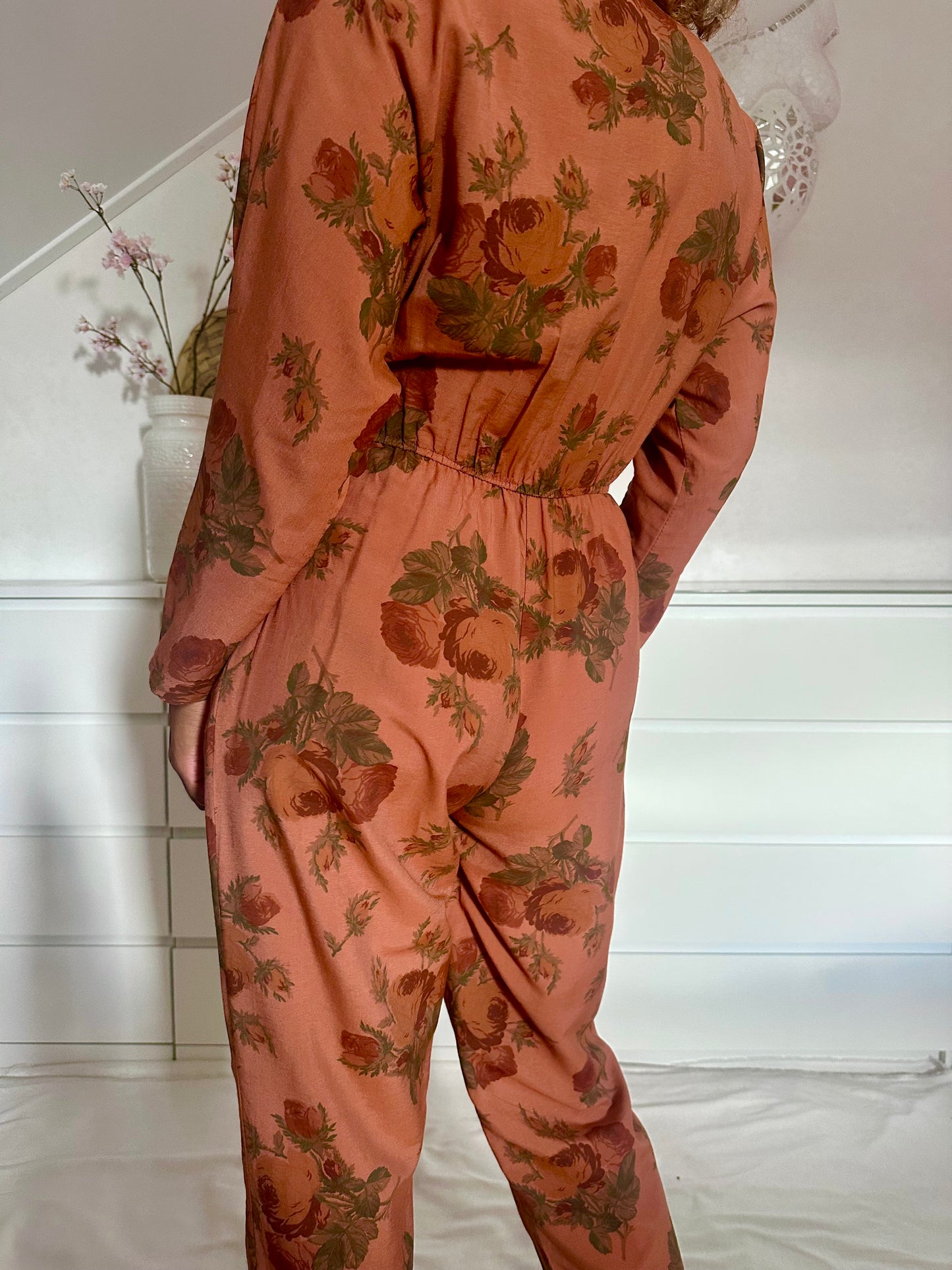 Vintage viscose jumpsuit in terra cotta - M