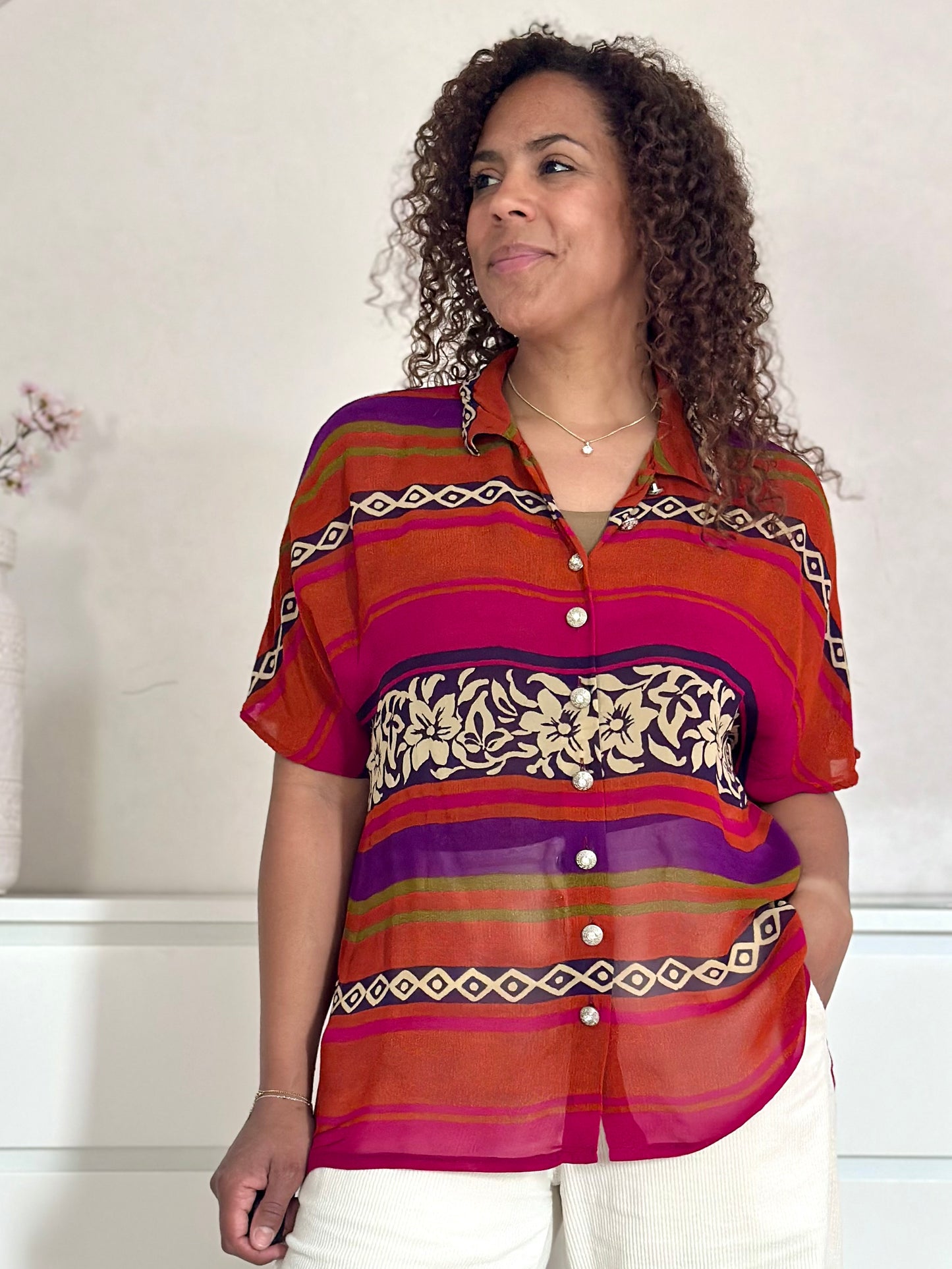 Vintage transparante blouse met kleurrijke strepen - L/XL
